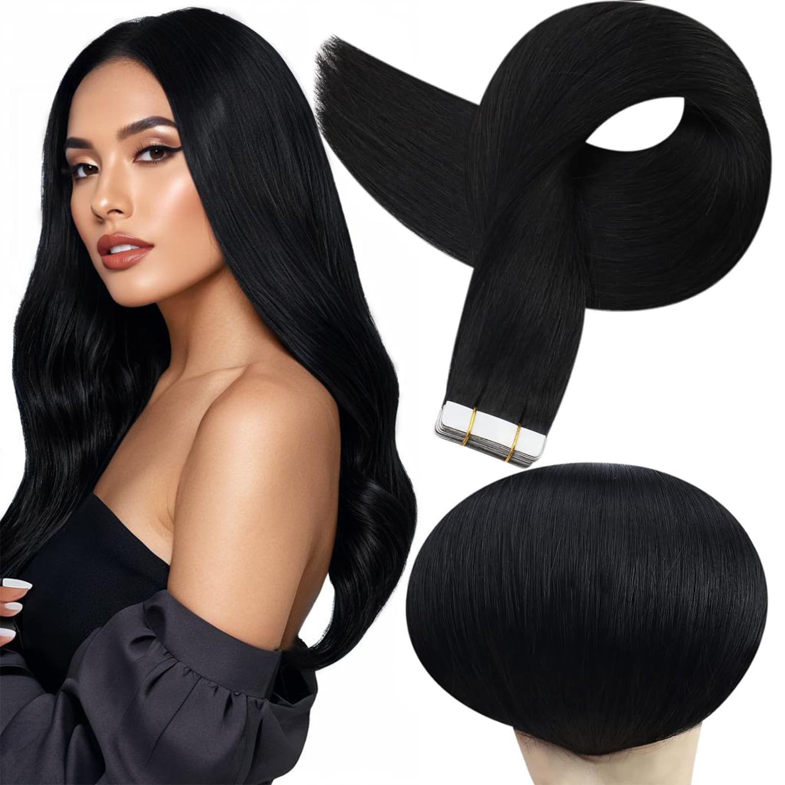 Full Shine Tape in Hair Extensions Echthaar 18 Zoll Remy Tape ins Echthaarverlängerungen Farbe 1 Tiefschwarz Mode-Extensions, Nahtlos Seidig Glatt Skin Weft 20 Stück 50G Für mehr Länge zur Hochzeit