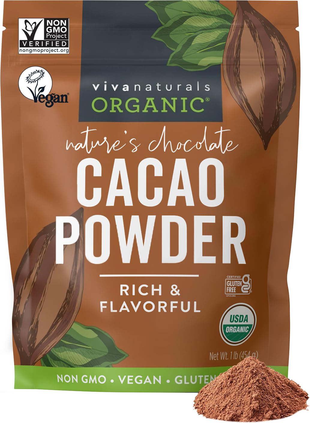 Viva Naturals Bio-Kakaopulver, 454 g – Ungesüßtes Kakaopulver mit reichhaltigem Zartbitterschokoladenaroma, perfekt zum Backen und für Smoothies, gentechnikfrei, zertifiziert vegan & glutenfrei