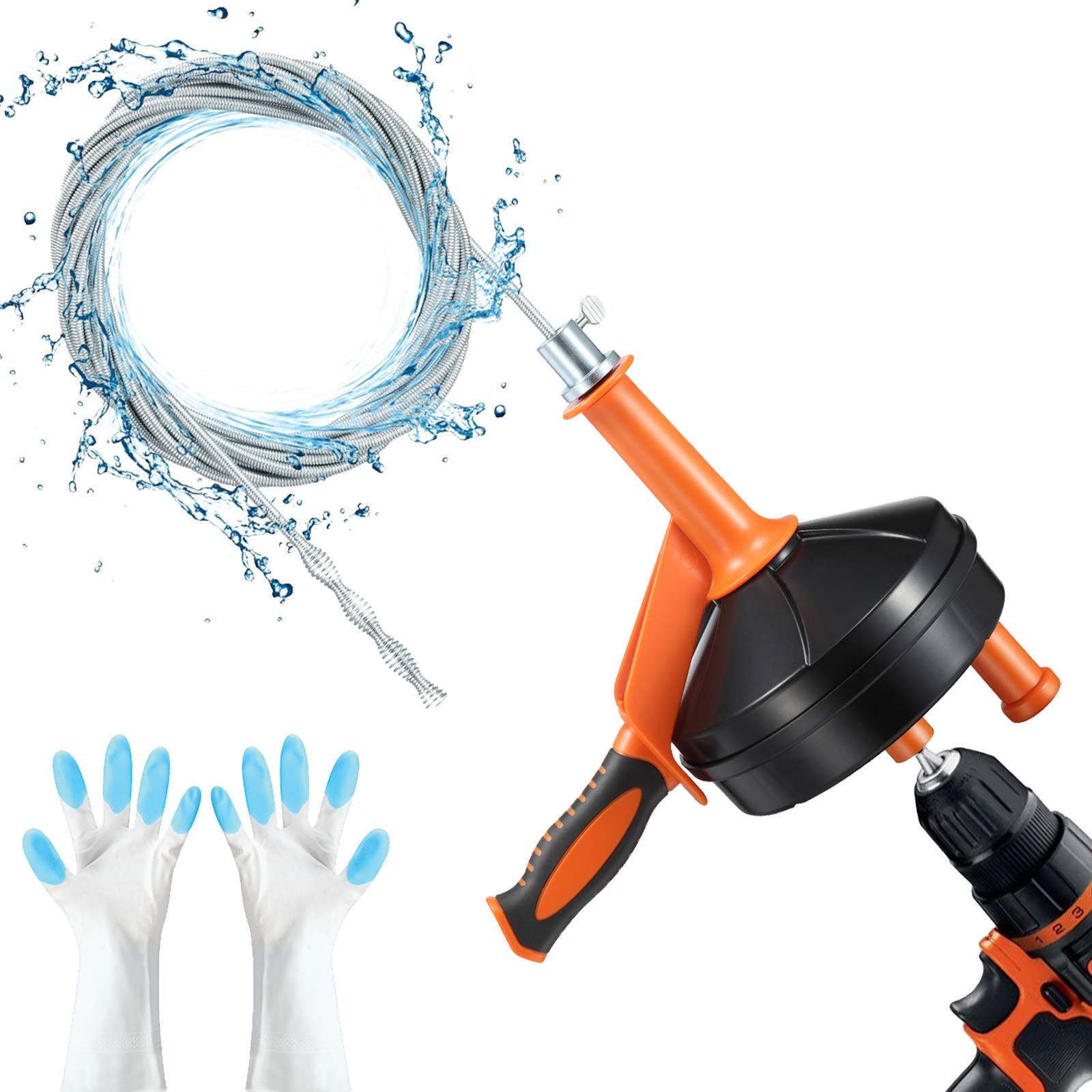 Abflussspirale, Rohrreinigung mit Bohrmaschinenadapter, 7,6 Meter flexible Sanitärspirale, manuell oder motorisiert für Küche, Bad und Duschbecken, inklusive Handschuhe (orange)
