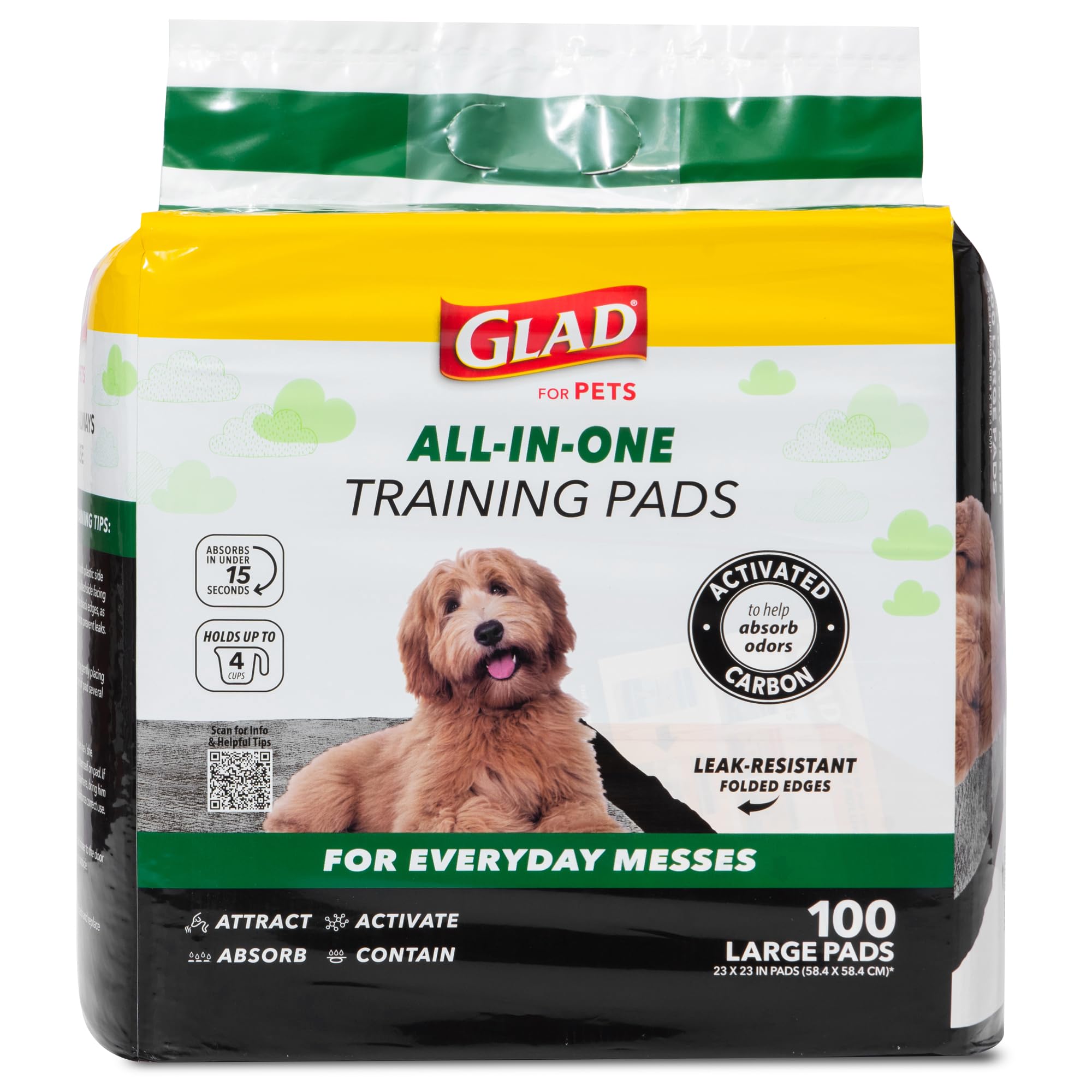 Glad for Pets Welpenunterlagen mit Aktivkohle, 58 x 58 cm, Einweg-Pipipads, die Urin sofort absorbieren und neutralisieren, Trainingsunterlagen mit Aktivkohle für Hunde – 100 Stück