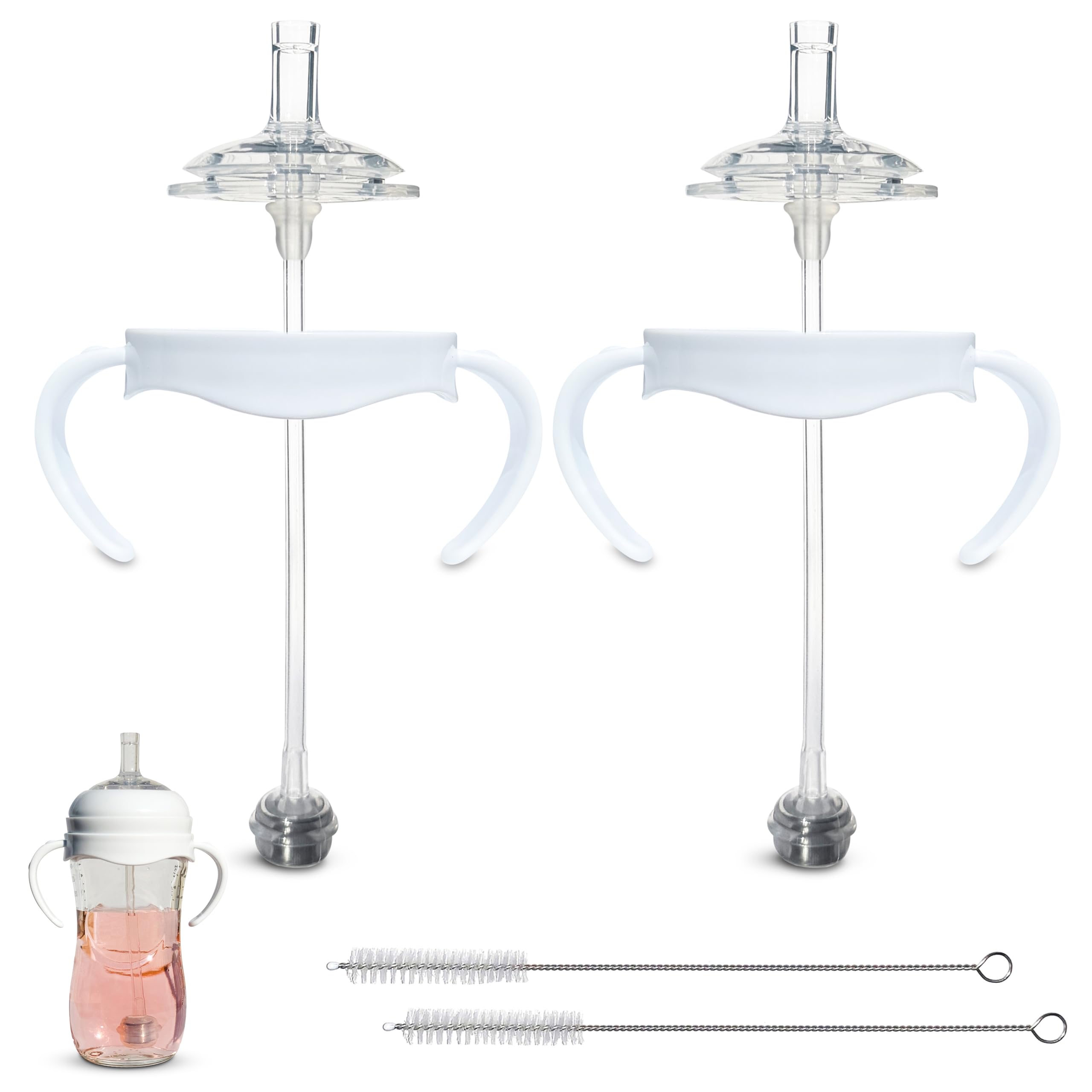 Straw Cup Conversion Kit for Philips Avent Natural Baby Bottles 2-Count, Food Grade Silicone Straw Nipples, Silicone Weighted Straw, Bottle Handles, Cleaning Brush, BPA-Free, 6+ Months (Straw Top)