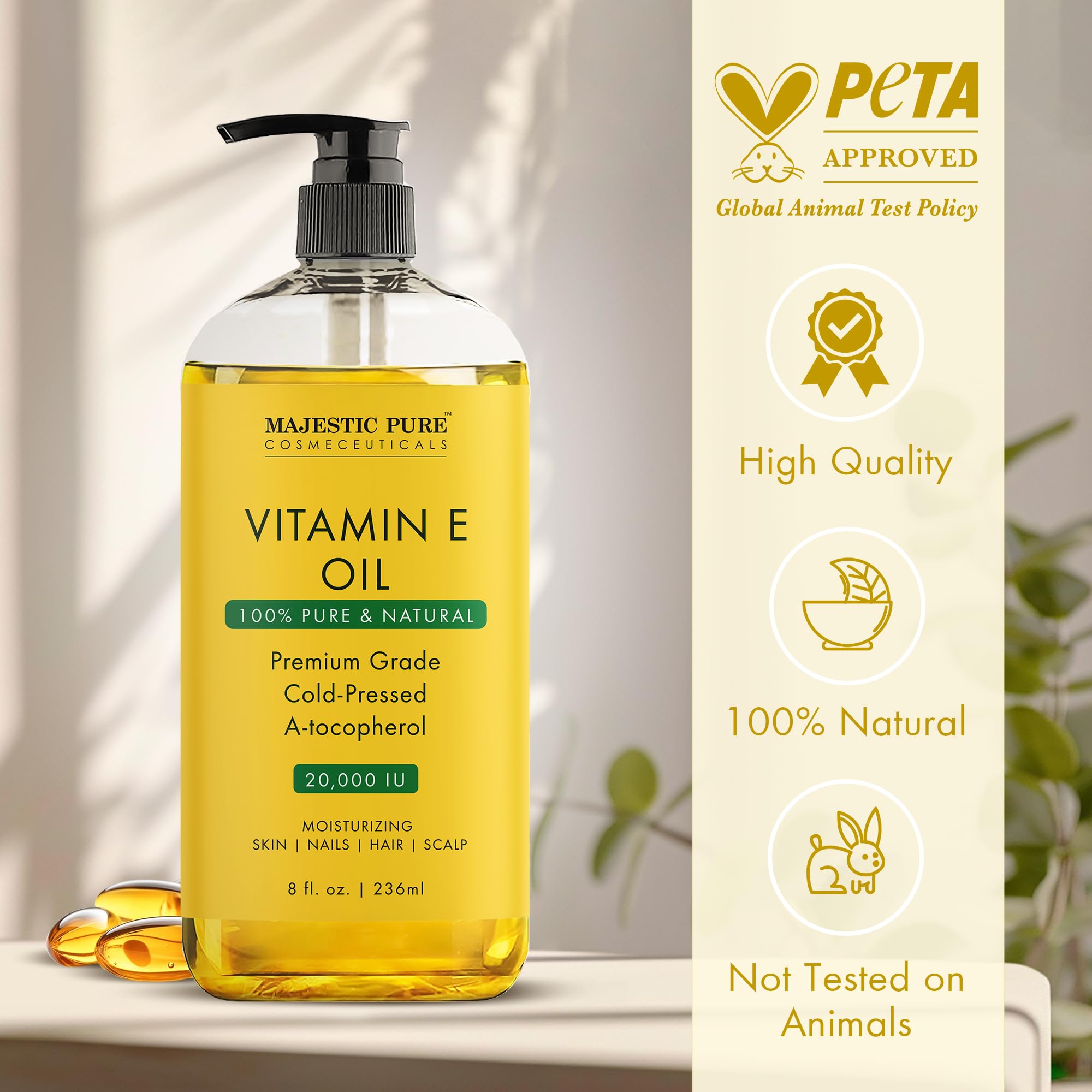 Majestic Pure Vitamin E Oil - 100% Pure & Natural, 20,000 IU | Premium Grade, Cold-Pressed and Tocopherol to Repair Dry, Damaged Skin | Moisturizing Skin, Hair and Scalp 8 Fl Oz
