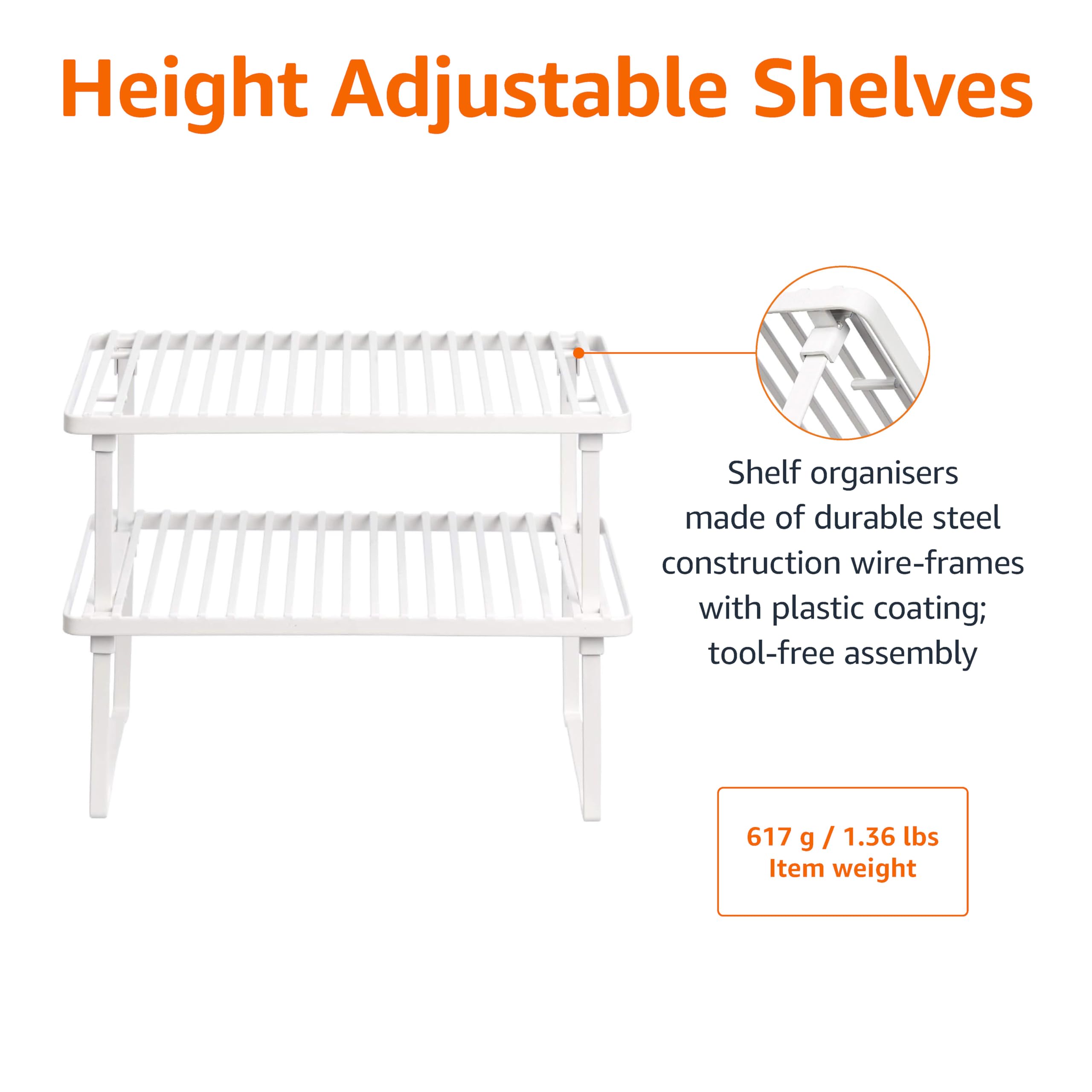 Amazon Basics Stackable Metal Kitchen Storage Shelves for Dishes, 12.5" L x 8" D x 4.5" H, Set of 2, White