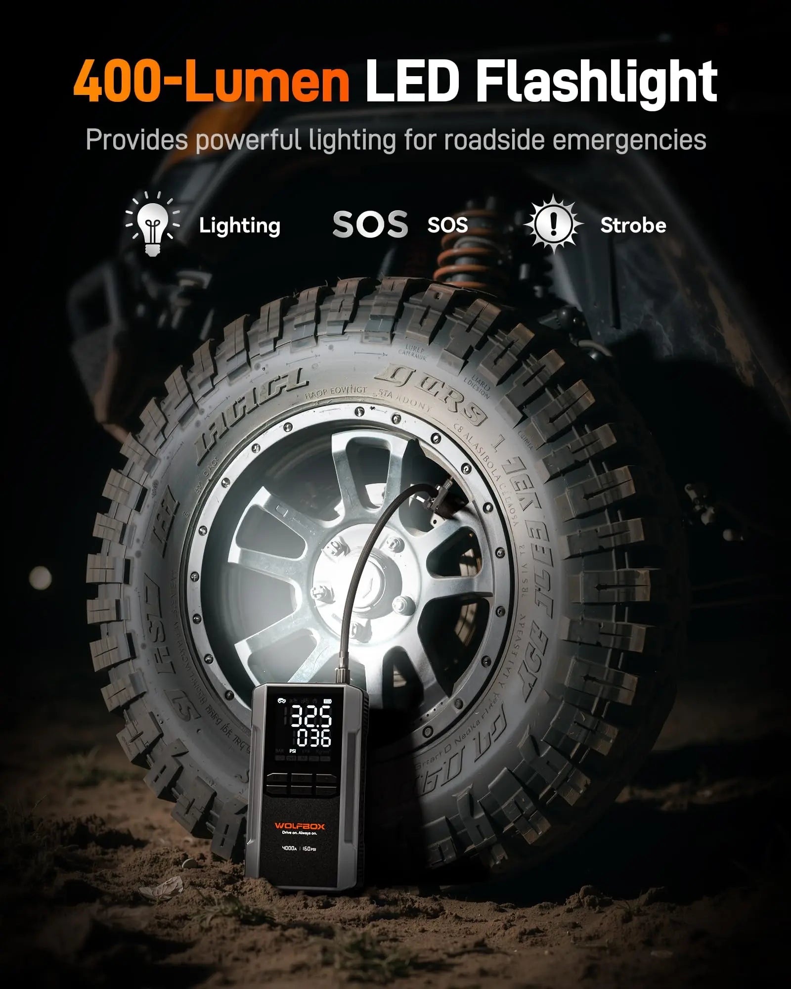 WOLFBOX 4000A Jump Starter with 160PSI Air Compressor, 12V Car Battery Booster, 65W Fast Charge, 24000mAh Portable Tire Inflator, LED Display for 10L Gas & 10L Diesel Engines, LED Light, Jumper Cables