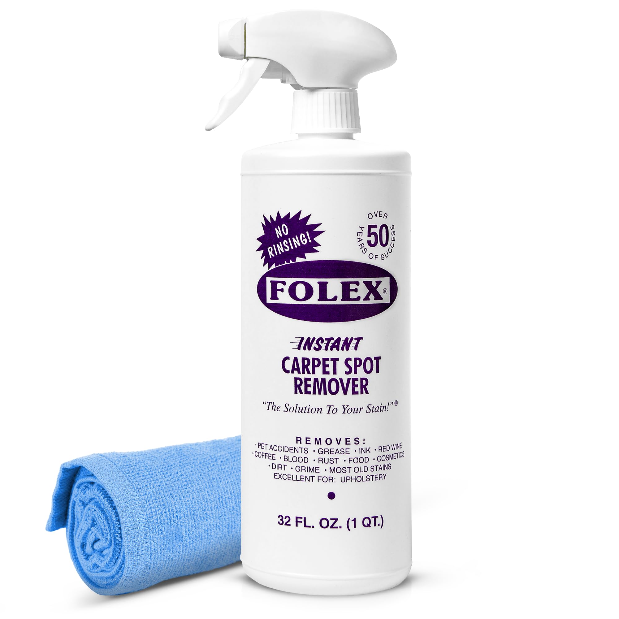 FOLEX Teppich-Fleckenentferner 946 ml – Kraftvoller Fleckenentferner für Teppiche, Polstermöbel und Vorleger – Entfernt Tierflecken, Fett, Rotwein, Lebensmittel, Make-up und mehr – Inklusive wiederverwendbarem Reinigungstuch – 1er-Pack
