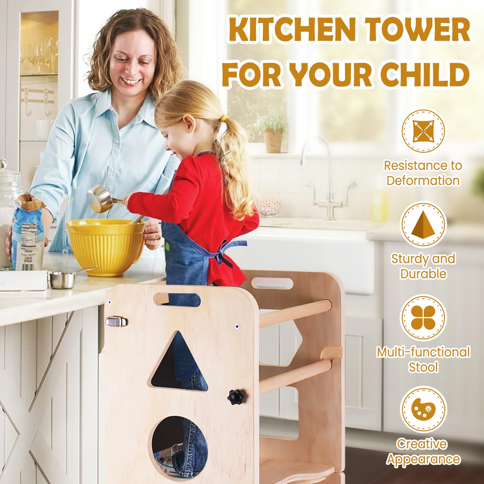 Woodure 4-in-1 Toddler Kitchen Step Stool, Foldable Learning Standing Tower with Blackboard, Wooden Kitchen Stool Helper for Kids, 1-3 Year Old Boy Girl Gifts