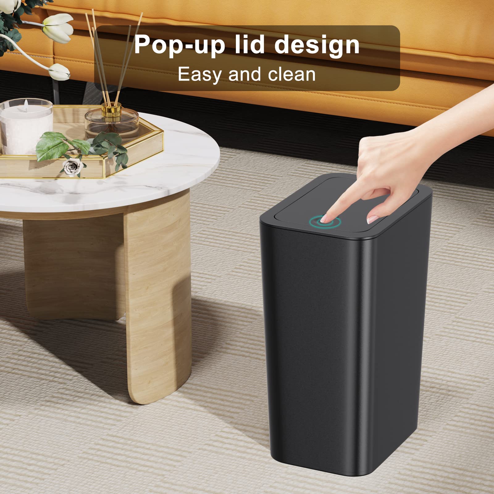 N. NETDOT 3 Pack 10 Liter Small Trash Can with lid, 2.6 Gallon,Garbage Can Slim Trash Bin Waste Basket for Bathroom,Kitchen,Bedroom,Living Room,Office,Laundry - Black