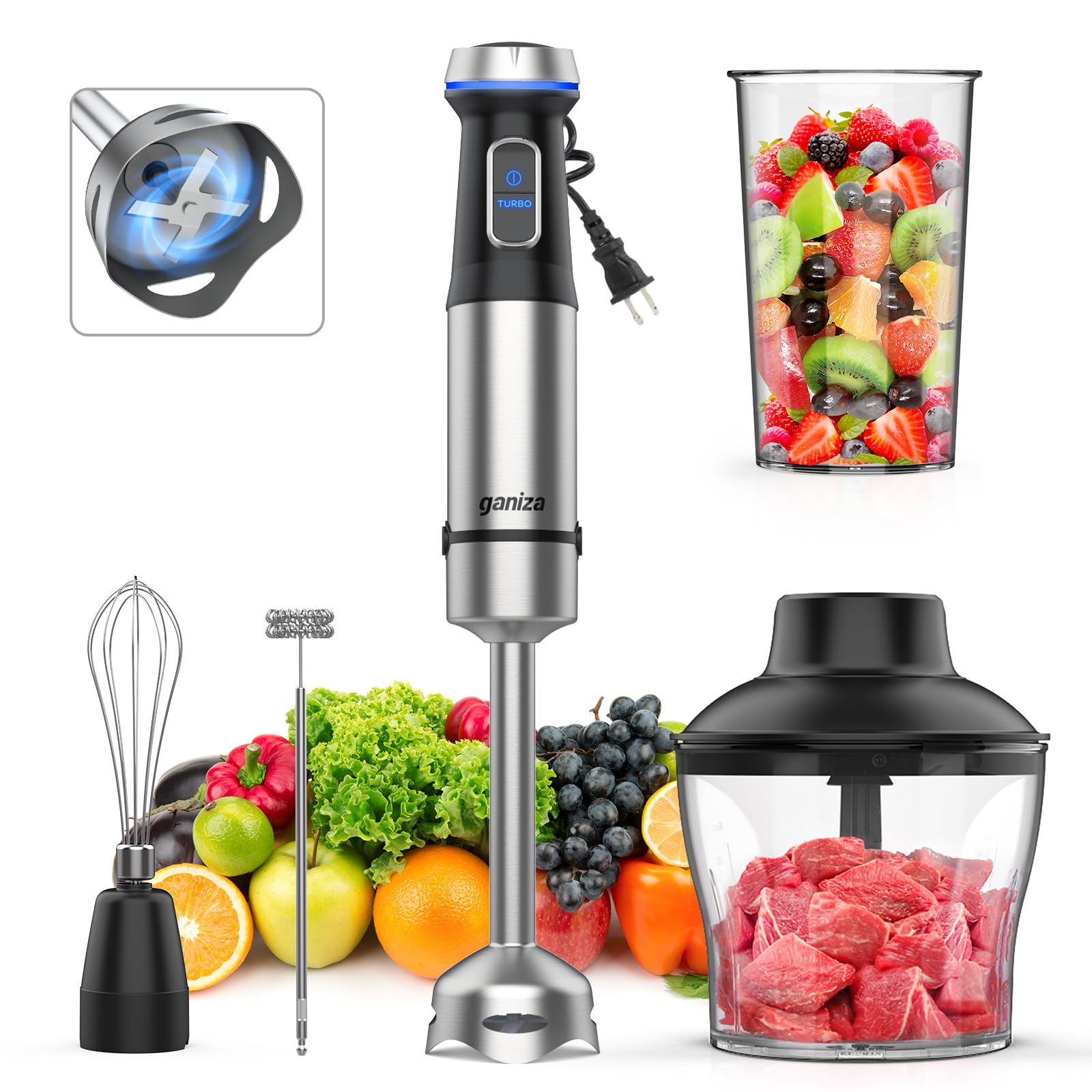 Ganiza Stabmixer 5 in 1 Handmixer Max. 1000W Hochleistungsmotor, 16 Geschwindigkeitsstufen Handmixer Edelstahlklinge mit 800ml Messbecher, 600ml Zerkleinerer, Schneebesen und Milchaufschäumer