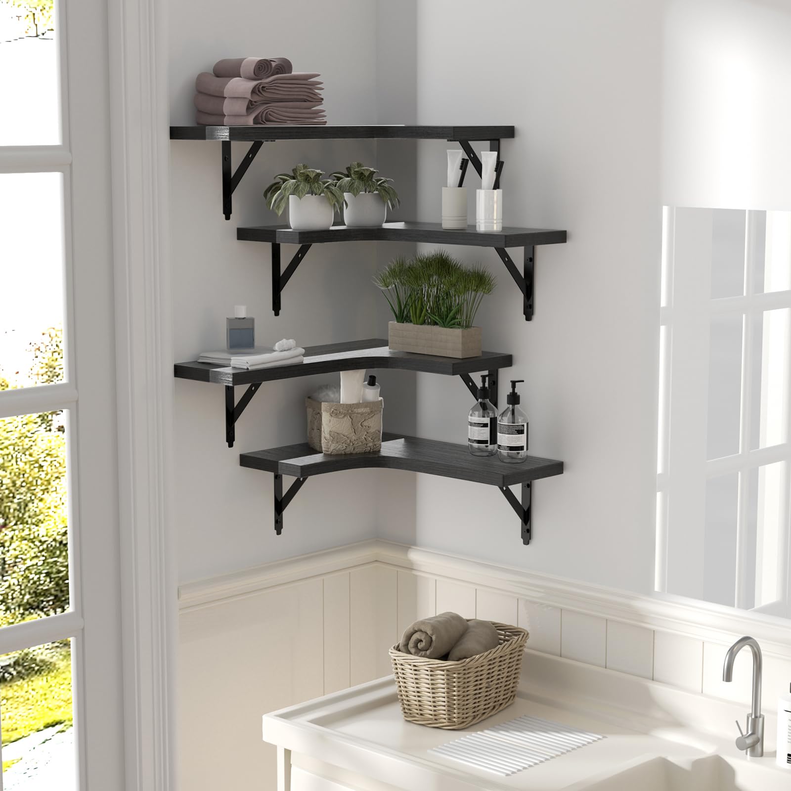 ROMGUAR CRAFT Corner Floating Shelves Wall Mounted Set of 4, Rustic Wood Storage Display Wall Shelves for Home Decor, Bathroom, Kitchen, Bedroom, Living Room, Office (Black)