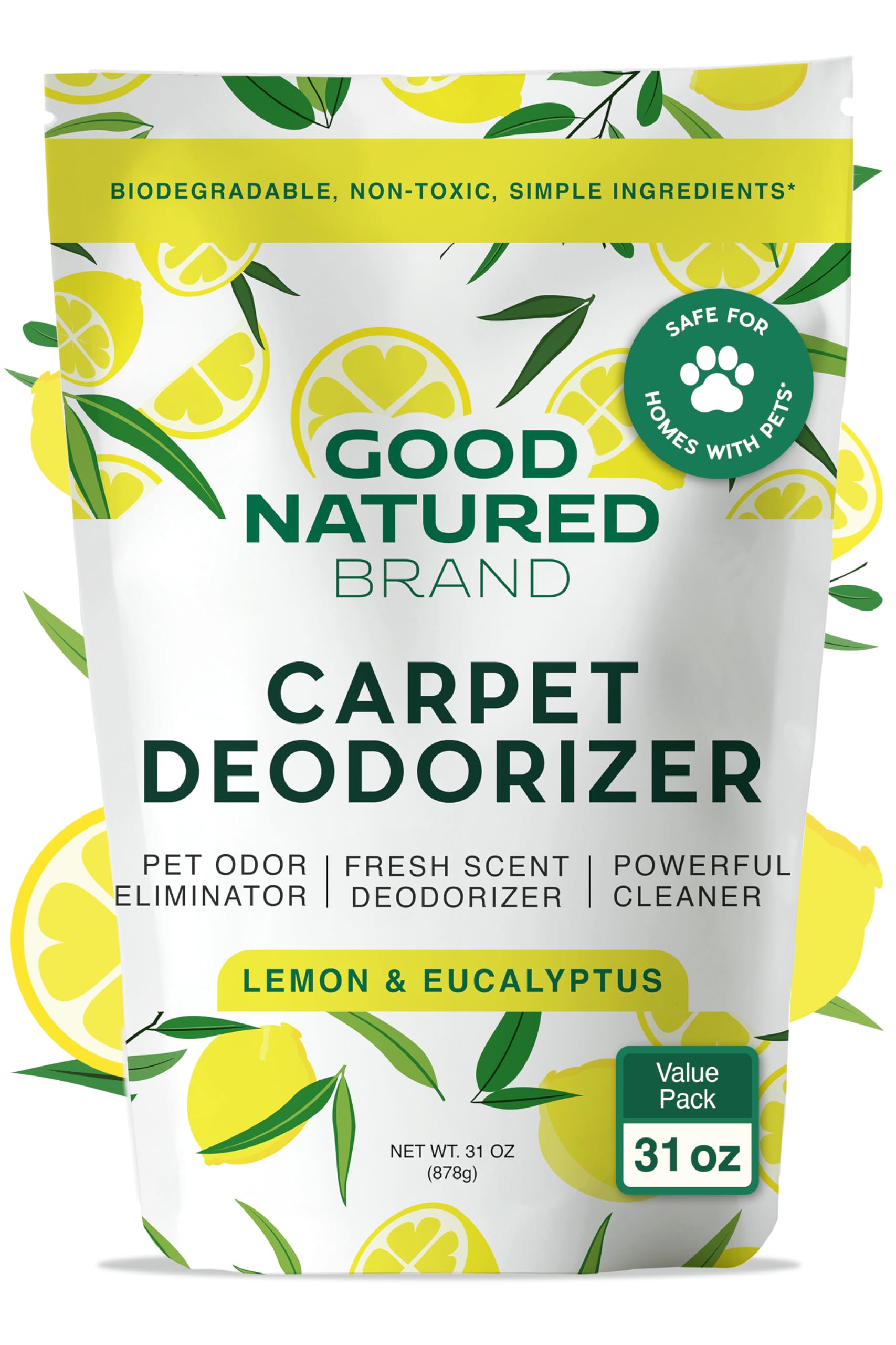 Good Natured Brand | Teppich-Deodorant & Lufterfrischer Pulver | 879g Geruchsentferner für starke Gerüche & Tierurin | Frischer natürlicher Zitronen- & Eukalyptusduft | Sicher für Haushalte mit Haustieren
