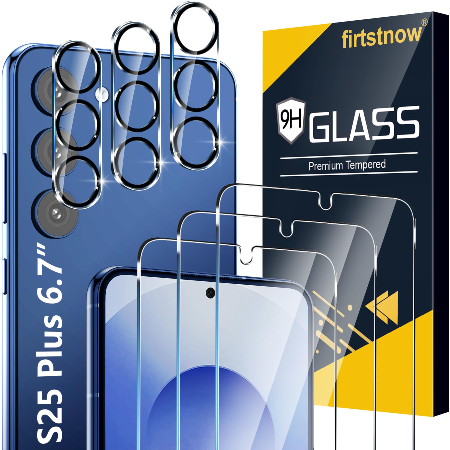 firtstnow 3 Stück Displayschutzfolie für Samsung Galaxy S25 Plus [6,7 Zoll] + 3 Stück Kameraschutzfolie, 9H Gehärtetes Glas, Fingerabdruck-Entsperrung, HD Klar, Case Friendly, Kratzfest