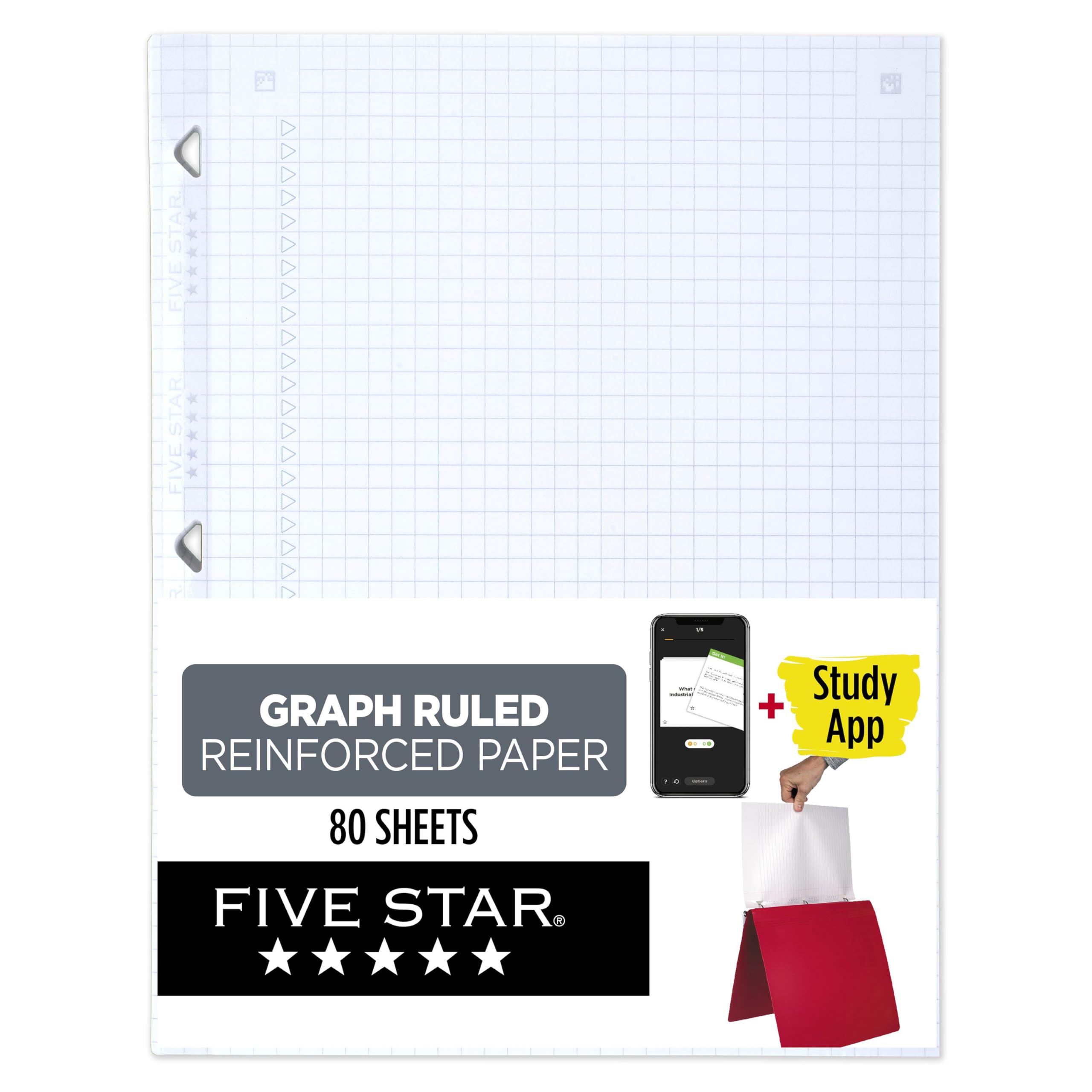 Five Star Collegeblock-Papier + Lern-App, kariertes Nachfüllpapier, verstärkt, verhindert Durchbluten von Tinte, 21,6 x 27,9 cm, 80 Blatt (170122)