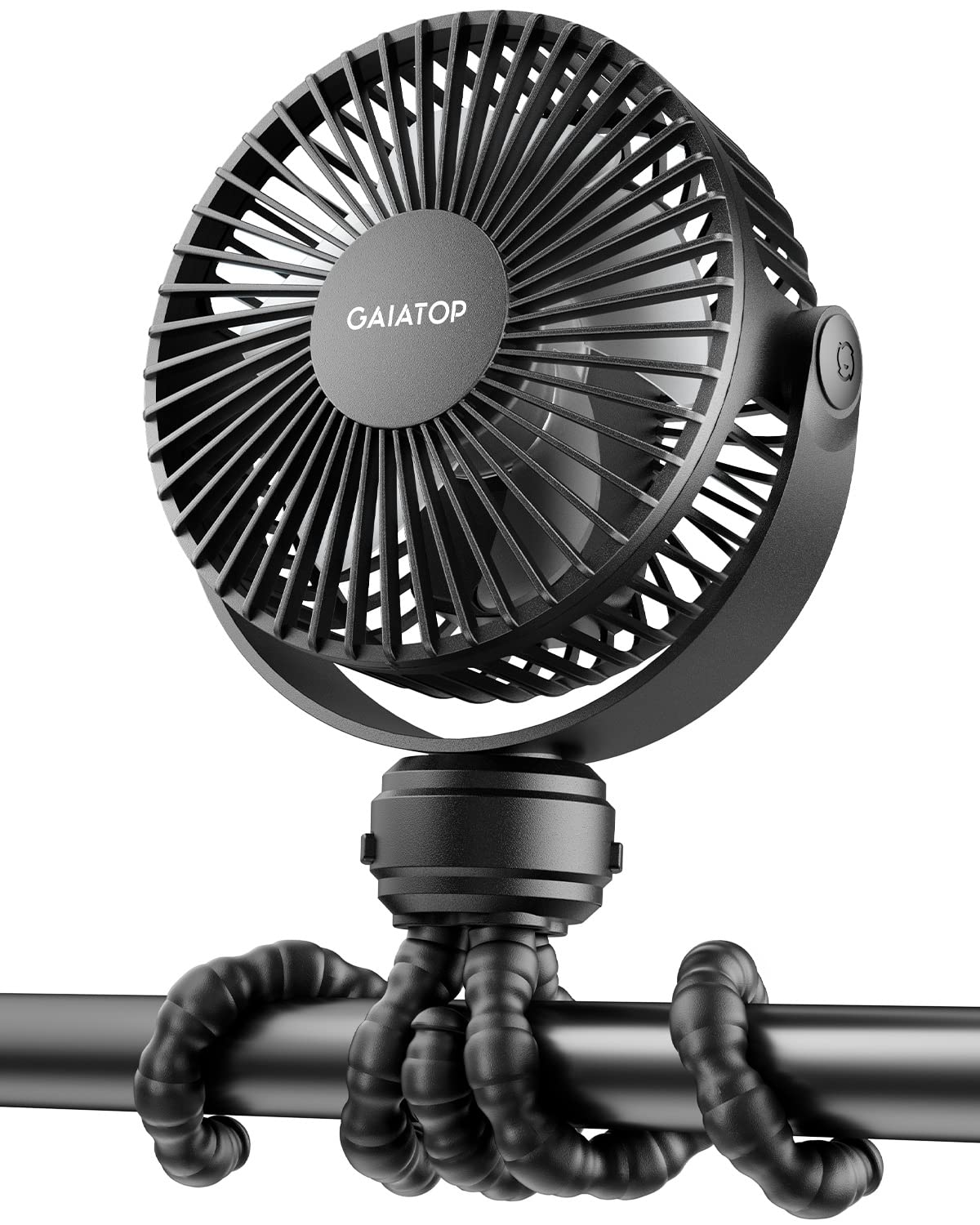 Gaiatop Mini tragbarer Kinderwagen-Ventilator, batteriebetrieben, kleiner Clip, abnehmbar, 3 Geschwindigkeiten, wiederaufladbar, 360 Grad drehbar, flexibler Stativ für bessere Kühlung von Autositz, Kinderbett, Laufband, Reisen, Schwarz
