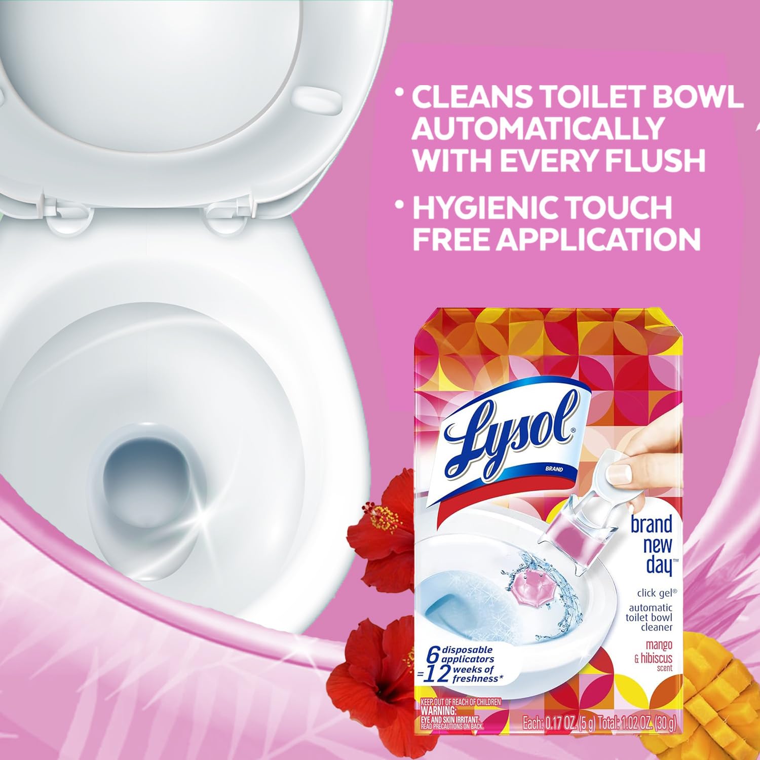 Lysol Click Gel Automatic Toilet Bowl Cleaner, Toilet Gel Stamp, Toilet Freshener, Bathroom Essentials, Refreshing Mango & Hibiscus Scent, 6 Count (Pack of 1)