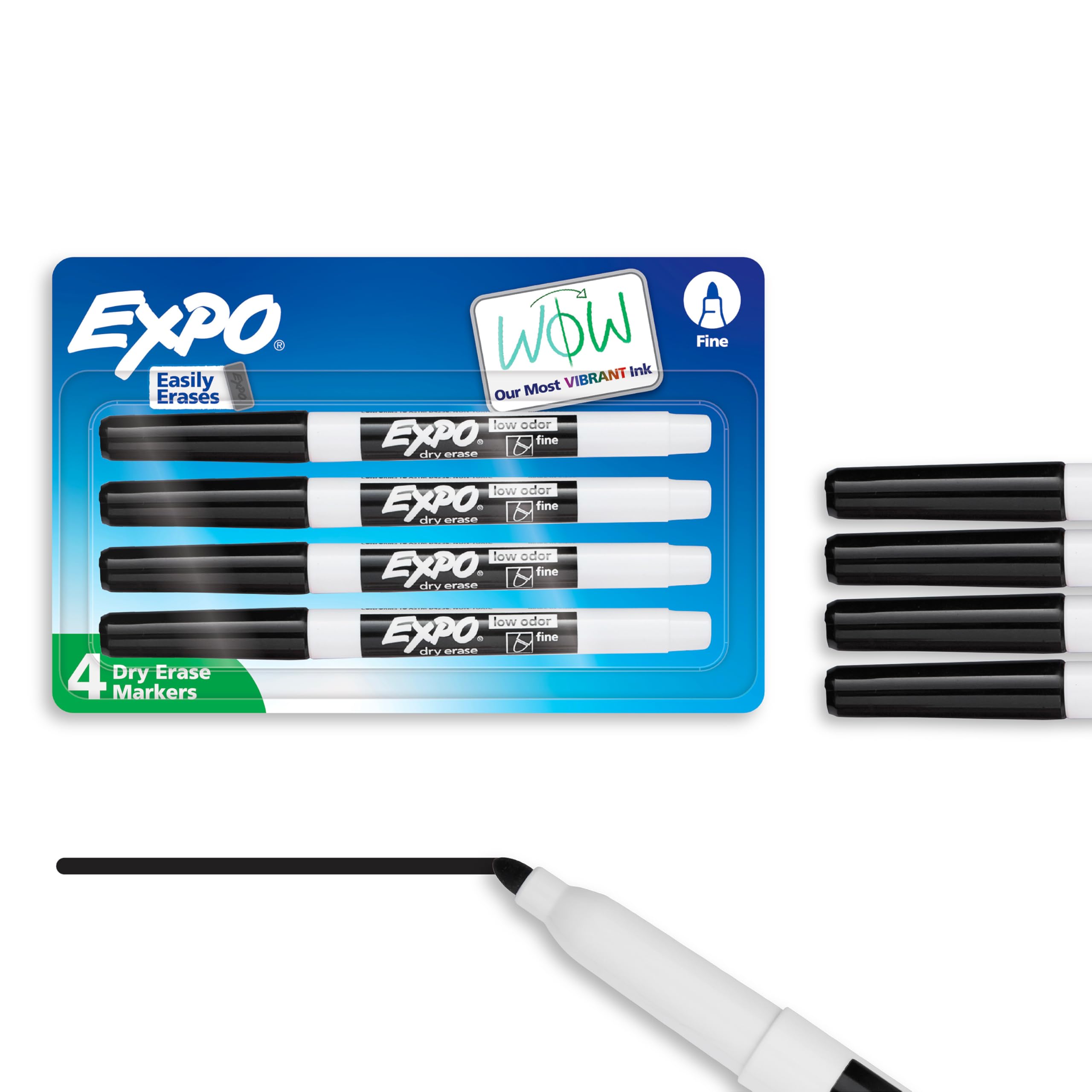 EXPO Whiteboardmarker, geruchsarme Tinte, Schwarz, feine Spitze, 4 Stück – leicht abwischbar, brillante Tinte, ideal für Klassenzimmer, Schulbedarf, Lehrer, Büro, Whiteboard und Zuhause