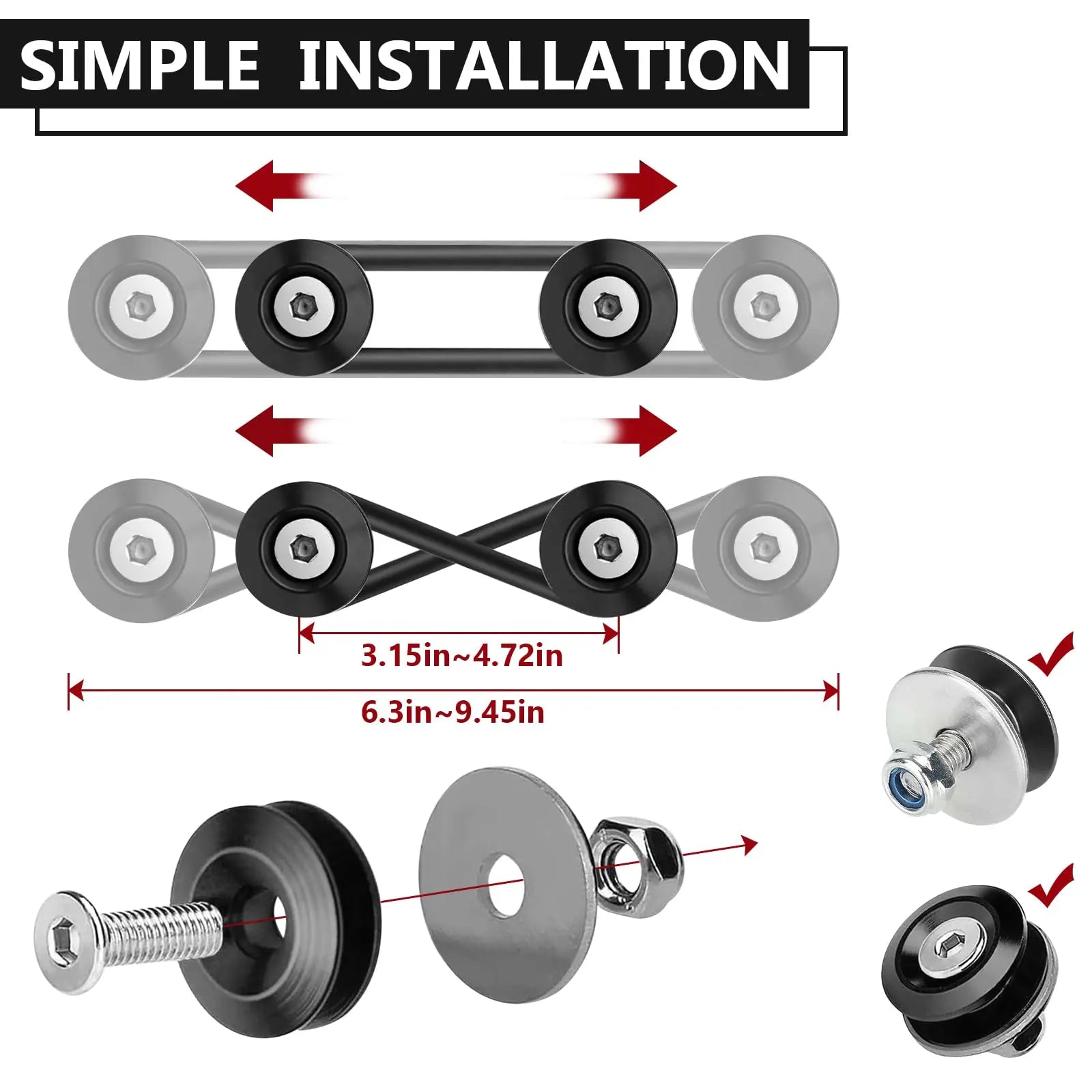 BFXM Universal Bumper Clips, Front Rear Bumper Quick Release Kit, Bumper Holders for Cars (4 Black Bumper Quick Release Tabs and 12 Customized O-Rings)
