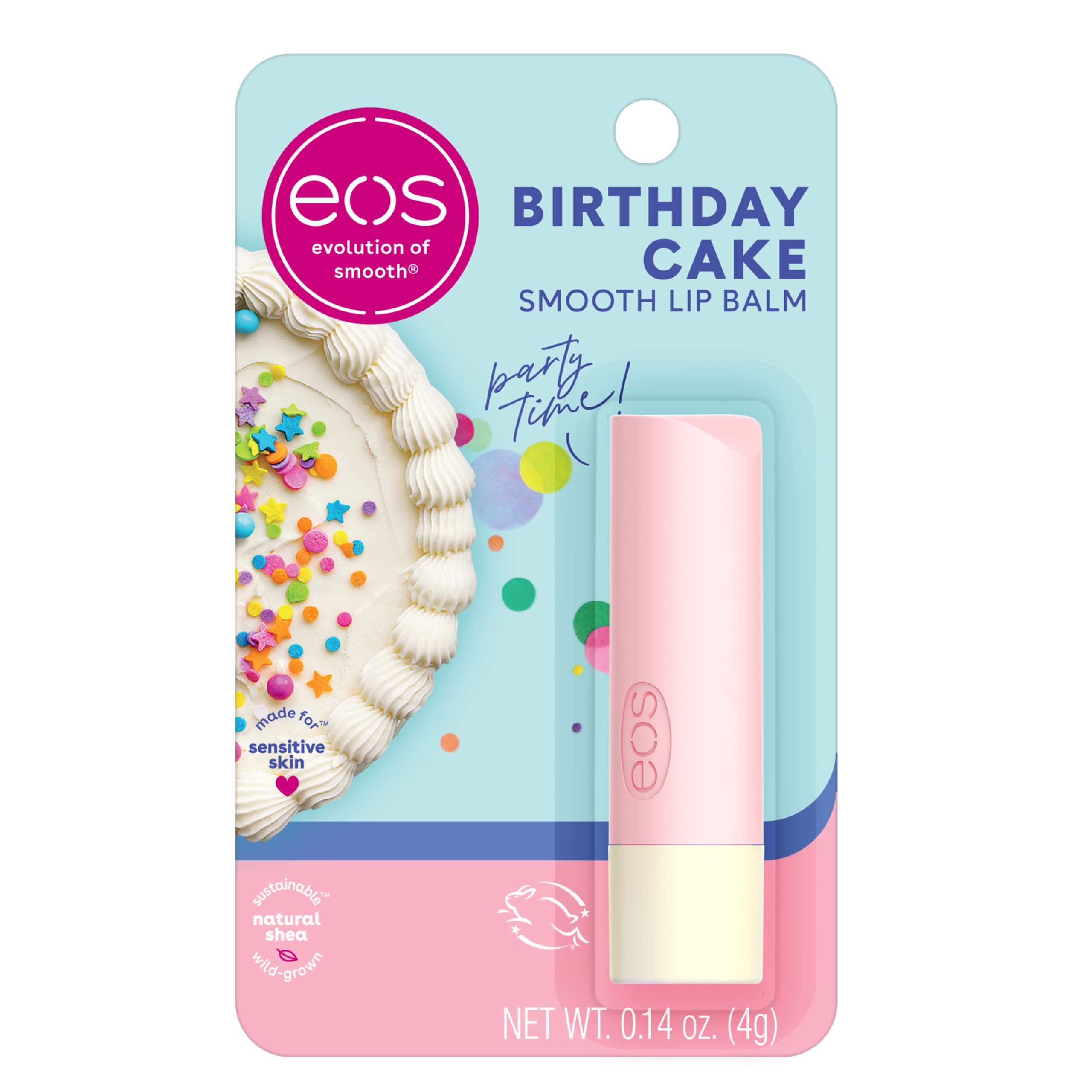 eos Natural Shea Lippenbalsam – Birthday Cake, Feuchtigkeitspflege für die Lippen den ganzen Tag, 4 g