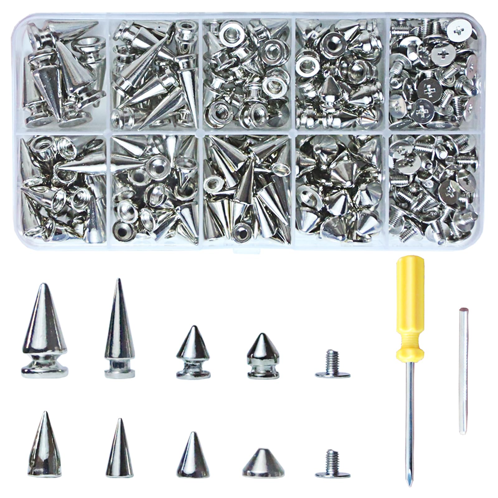 XKCWXY 354 Sets Punk Spikes and Studs Kit,8 Sizes Cone Spikes,Metal Tree Spikes Studs for Leathercraft and Punk Style Clothing Accessories DIY Craft Decoration