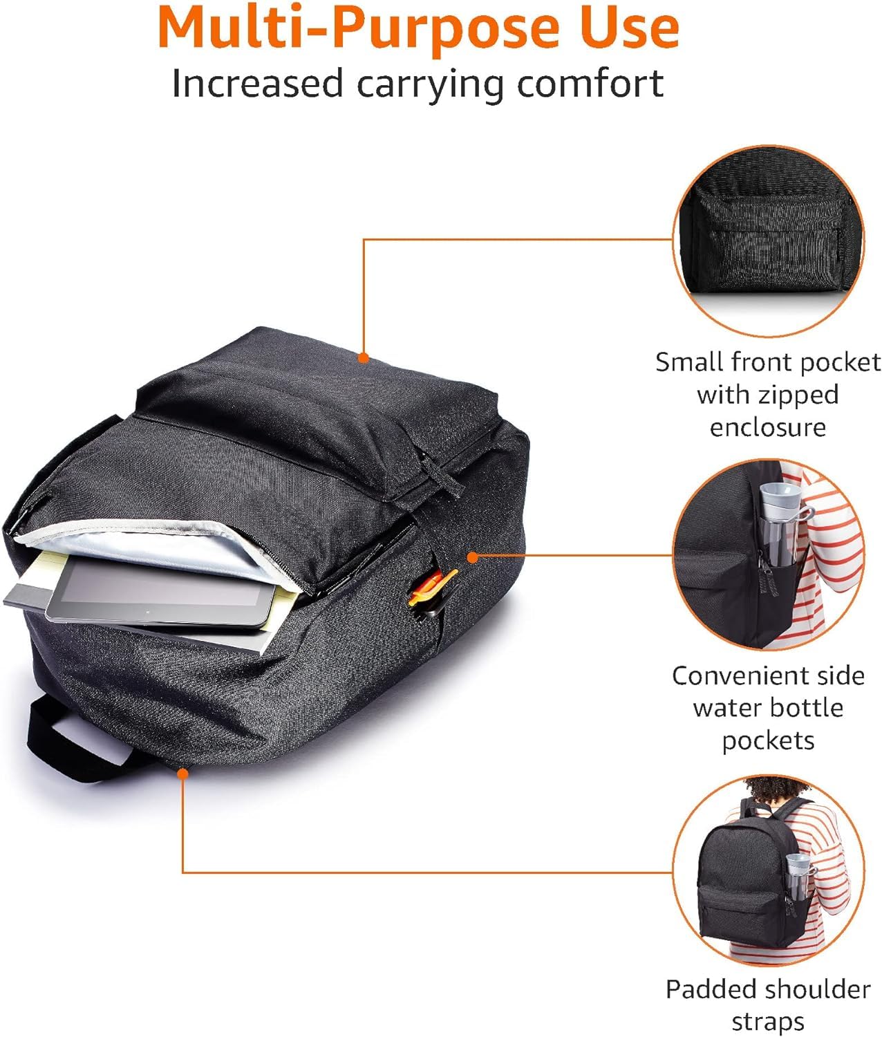 Amazon Basics Backpack for School, Study, Travel, Durable Classic Design, Book Bag, Black