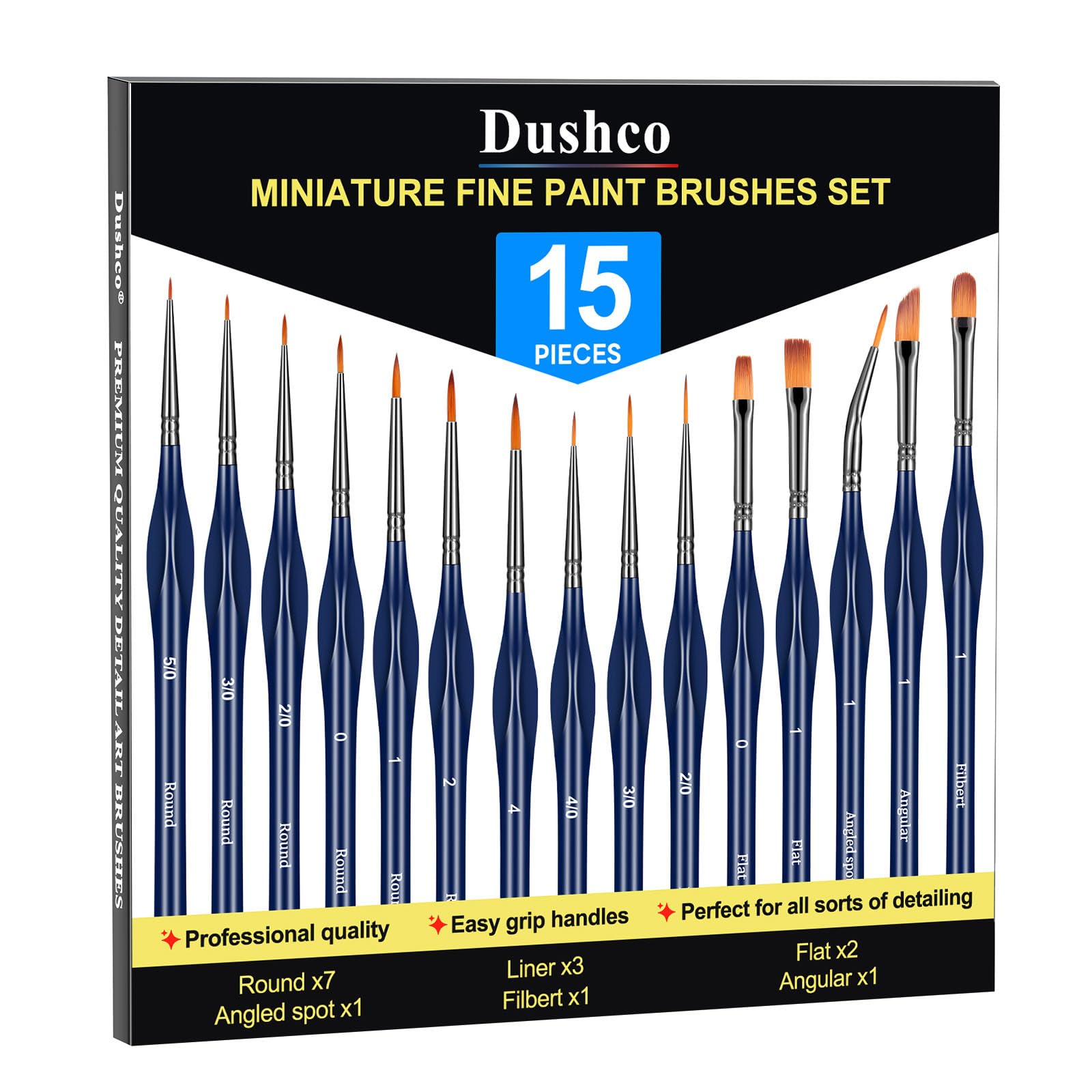 Dushco Detail Paint Brushes Set - 15pcs Miniature Paint Brushes, Art Painting for Acrylic Watercolor Gouache Oil & Face Painting, Models, Figurine and Paint by Number Kit for Adults