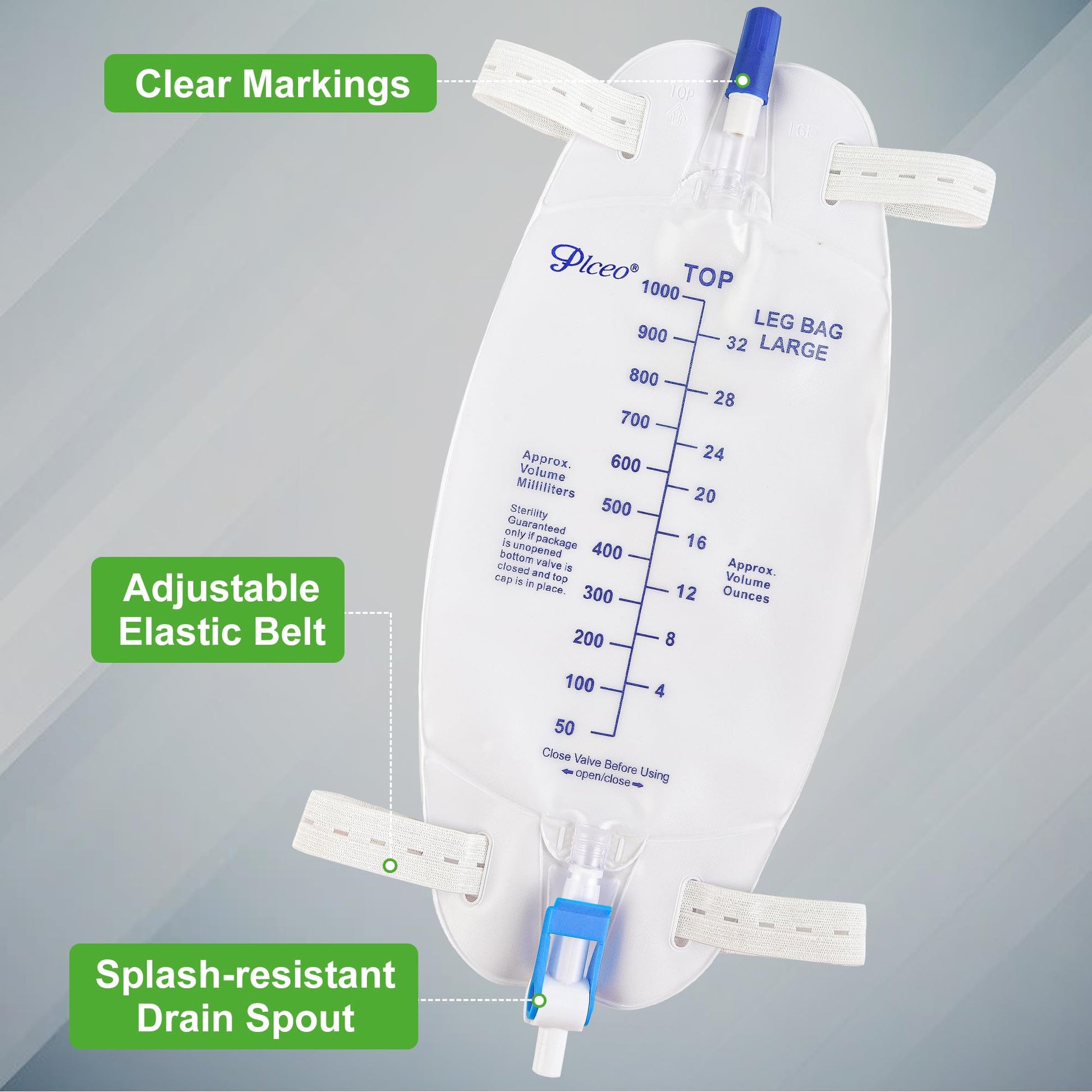 Easy-Tap Leg Bag Urinary Drainage Bag, 1000ml, Anti-Reflux Valve, Cloth Straps, Easy Flip Drain (Pack of 3)