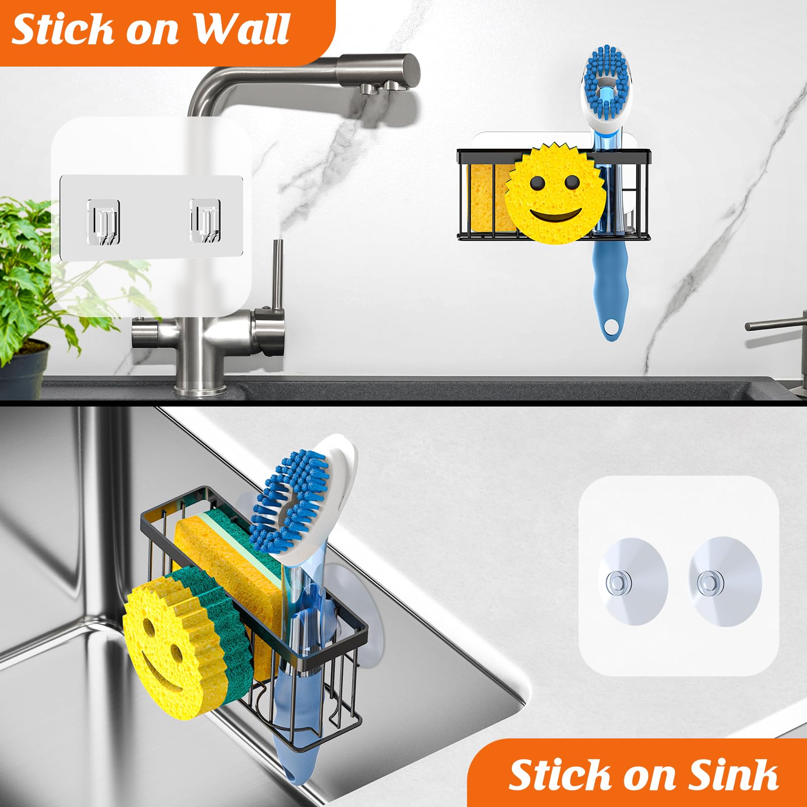 MURLONG Sponge Holder Smiley Face,Sink Caddy,Sink Organizer with 2 Suction Cups/1 Adhesive Strips,Designed for Sponge,Soap,Dish Brush,Scrubber - Black