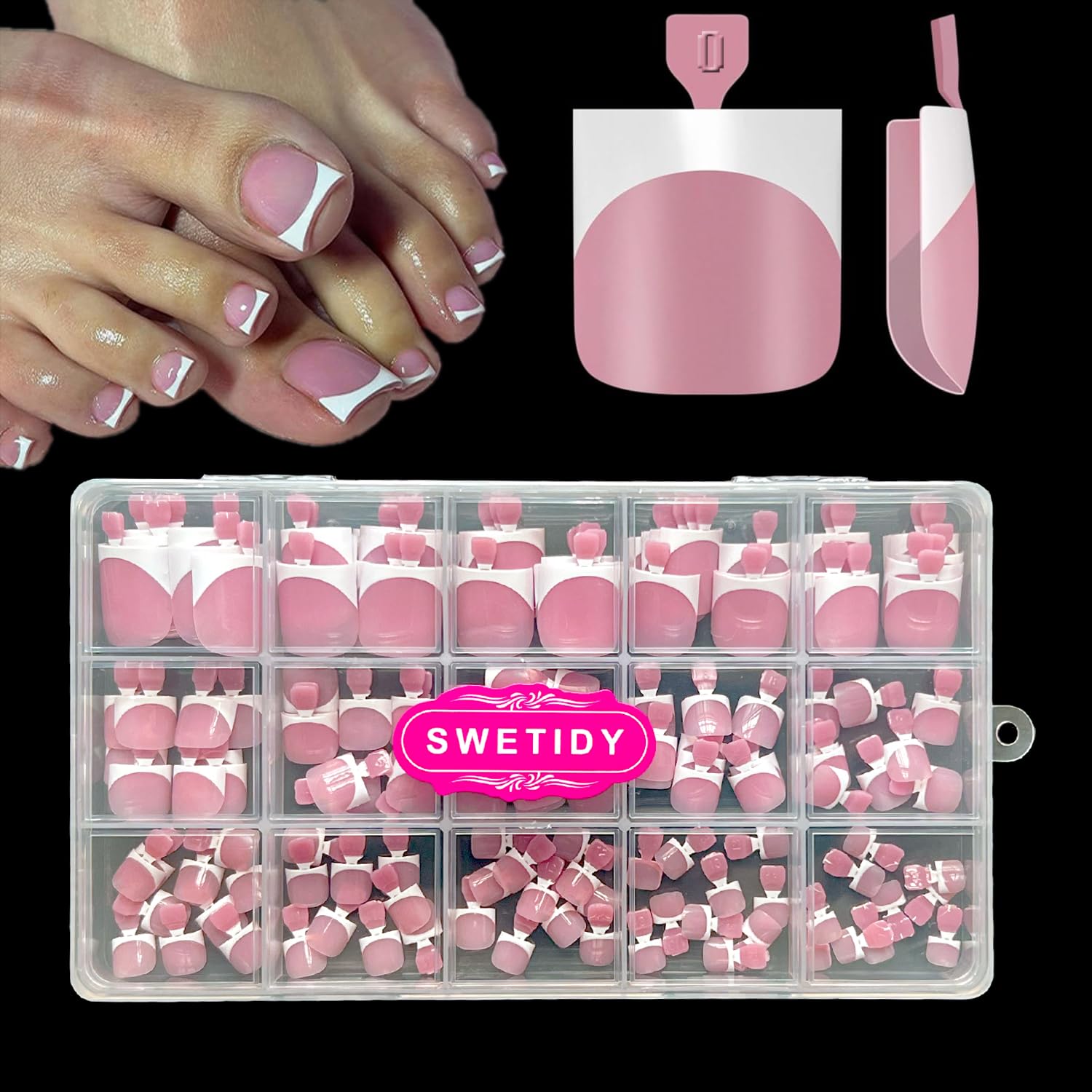 Toe Nail Press Ons, French Tips Toe Press On Nails, 150 Stück quadratische, vorgestaltete Soft-Gel-dicke falsche Zehennagelverlängerung, Beerenrosa, vollständige Abdeckung aus Acryl für DIY, 15 Größen