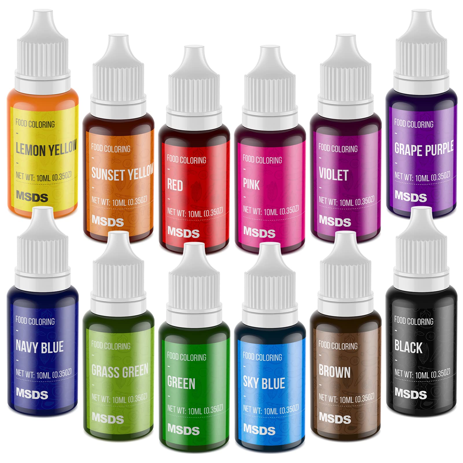 Lebensmittelfarben-Set – 12 lebensmittelechte, leuchtende Lebensmittelfarben, geschmacksneutrale flüssige Farbe für Tortendekoration, Backen, Ostereier, Zuckerguss, Fondant, Kochen, Schleimherstellung, DIY-Zubehör-Kit – 10 ml/Flasche