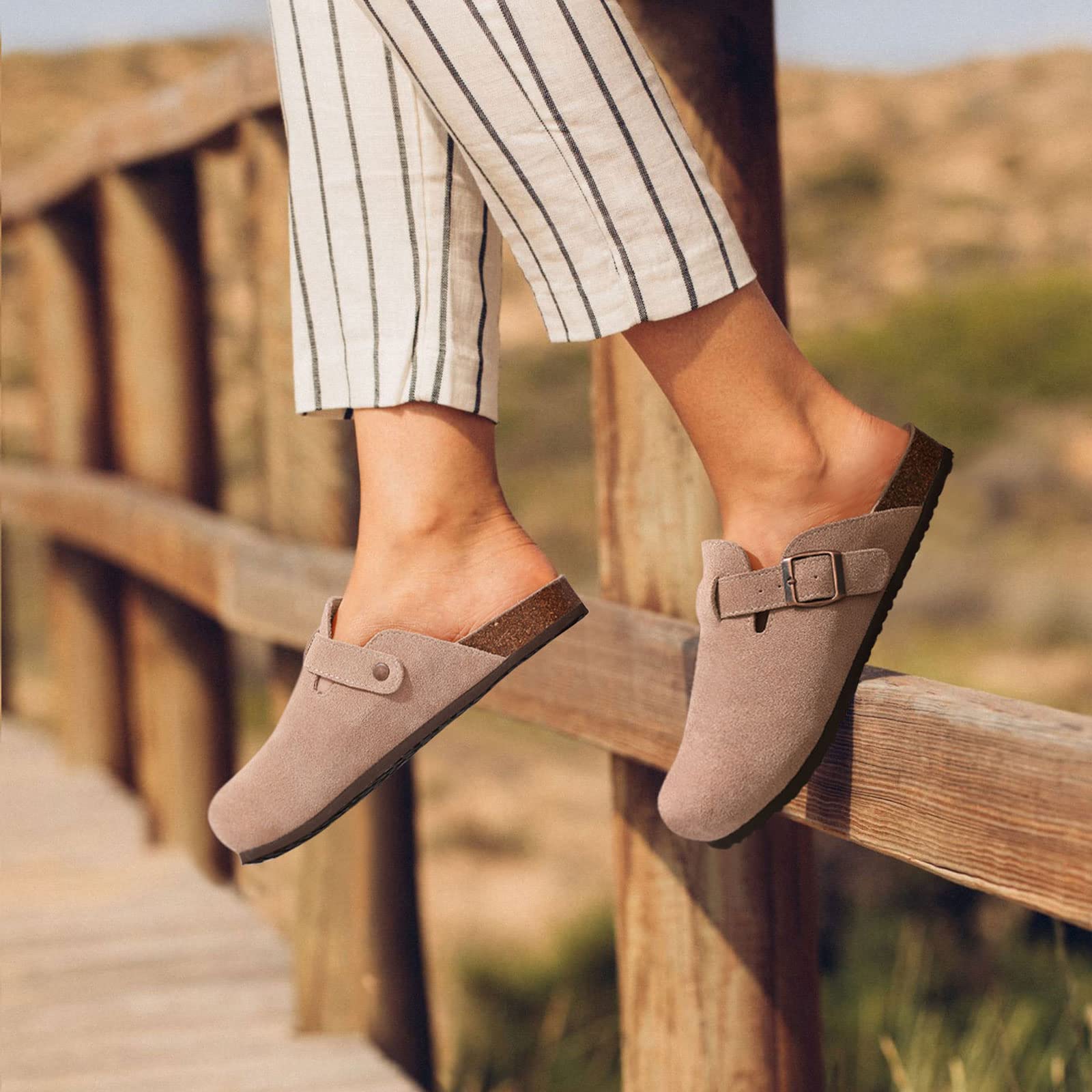 KIDMI Women's Genuine Suede Clogs Cork Footbed Sandals Leather Mules Potato Shoes with Arch Support Taupe 40 (Size 8.5)