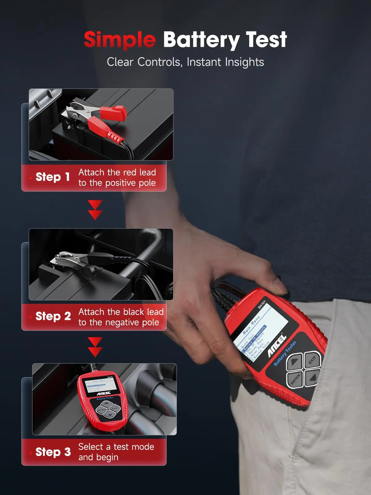 ANCEL BA101 Car Battery Tester, 12V Digital Automotive Alternator Meter Diagnostic Tool,100-2000 CCA Load Capacity, Charging & Cranking Analyzer for Truck, Boat, RV, Marine Vehicle, and More
