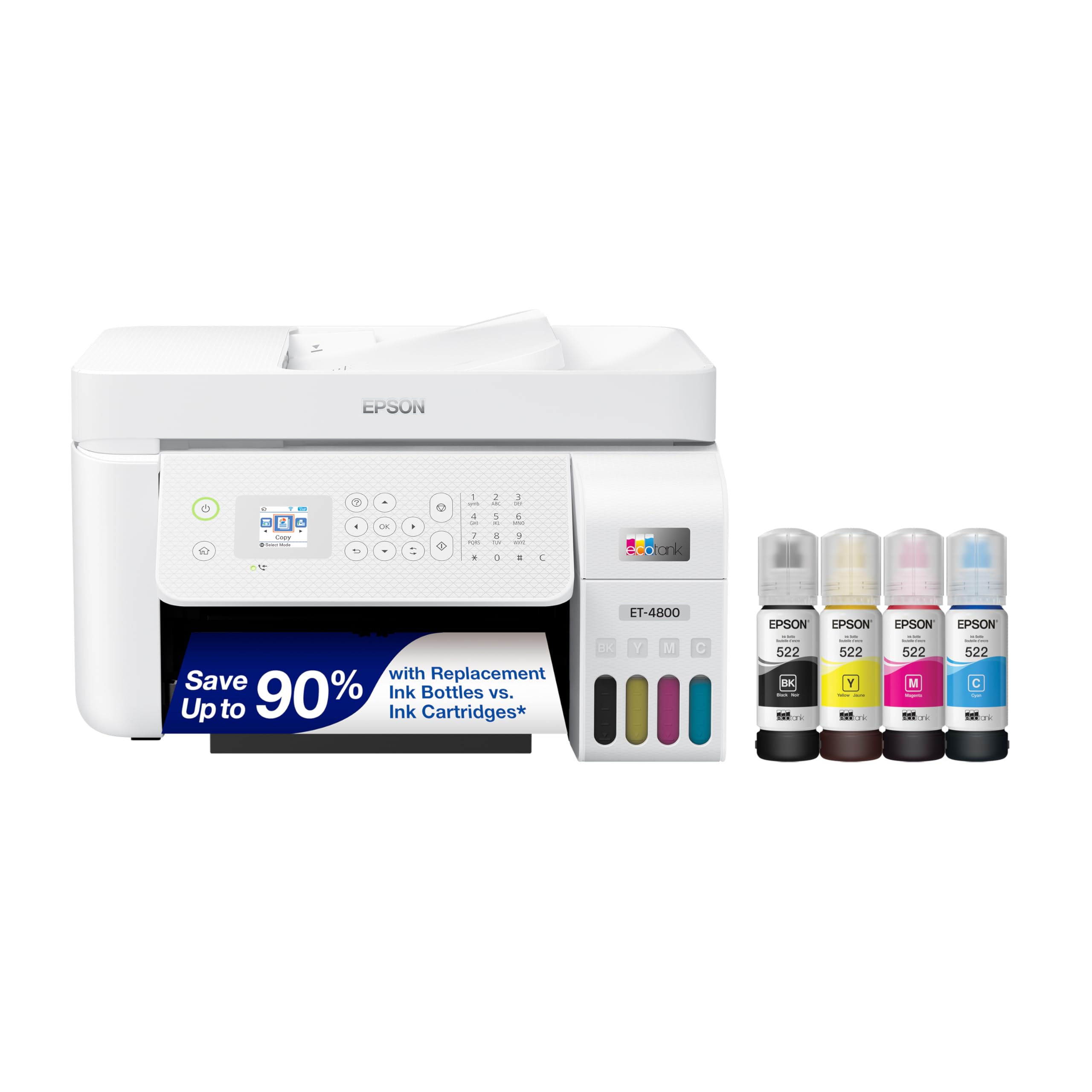 Epson EcoTank ET-4800 Kabelloser All-in-One Supertank-Drucker ohne Patronen mit Scanner, Kopierer, Fax, ADF und Ethernet – Ideal für Ihr Home Office, Weiß