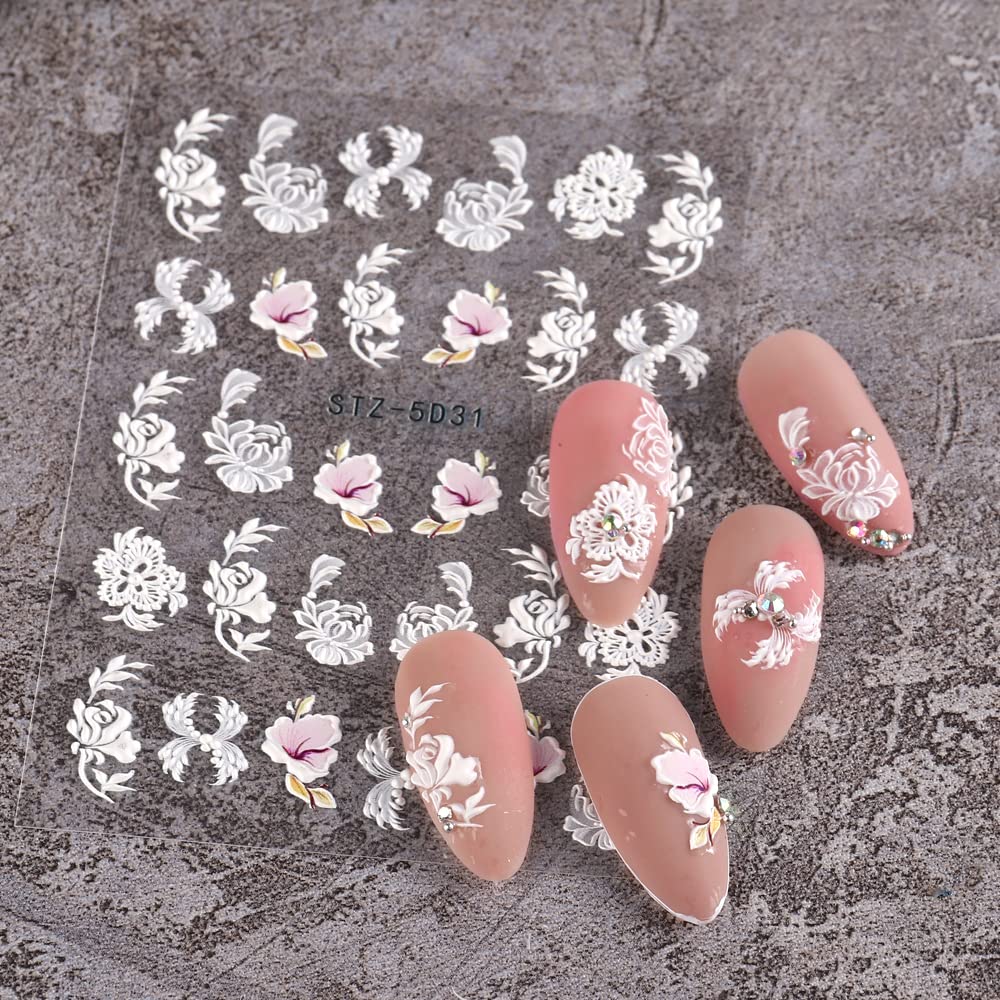 5D Spring Embossed Flower Nail Art Stickers 4 Sheets JMEOWIO Real Self-Adhesive Decals Floral Design Nail Decoration for Women Girls
