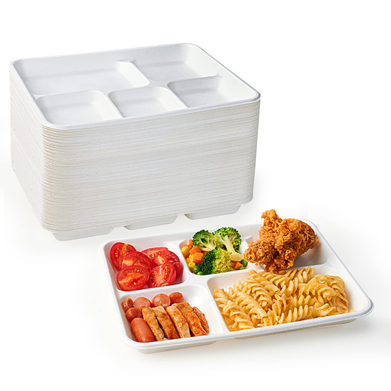 ECOLipak 100 % kompostierbare Teller mit 5 Fächern, 125er-Pack Einweg-Pappteller, robuste biologisch abbaubare Zuckerrohrteller, umweltfreundliche Schulmittagessentabletts
