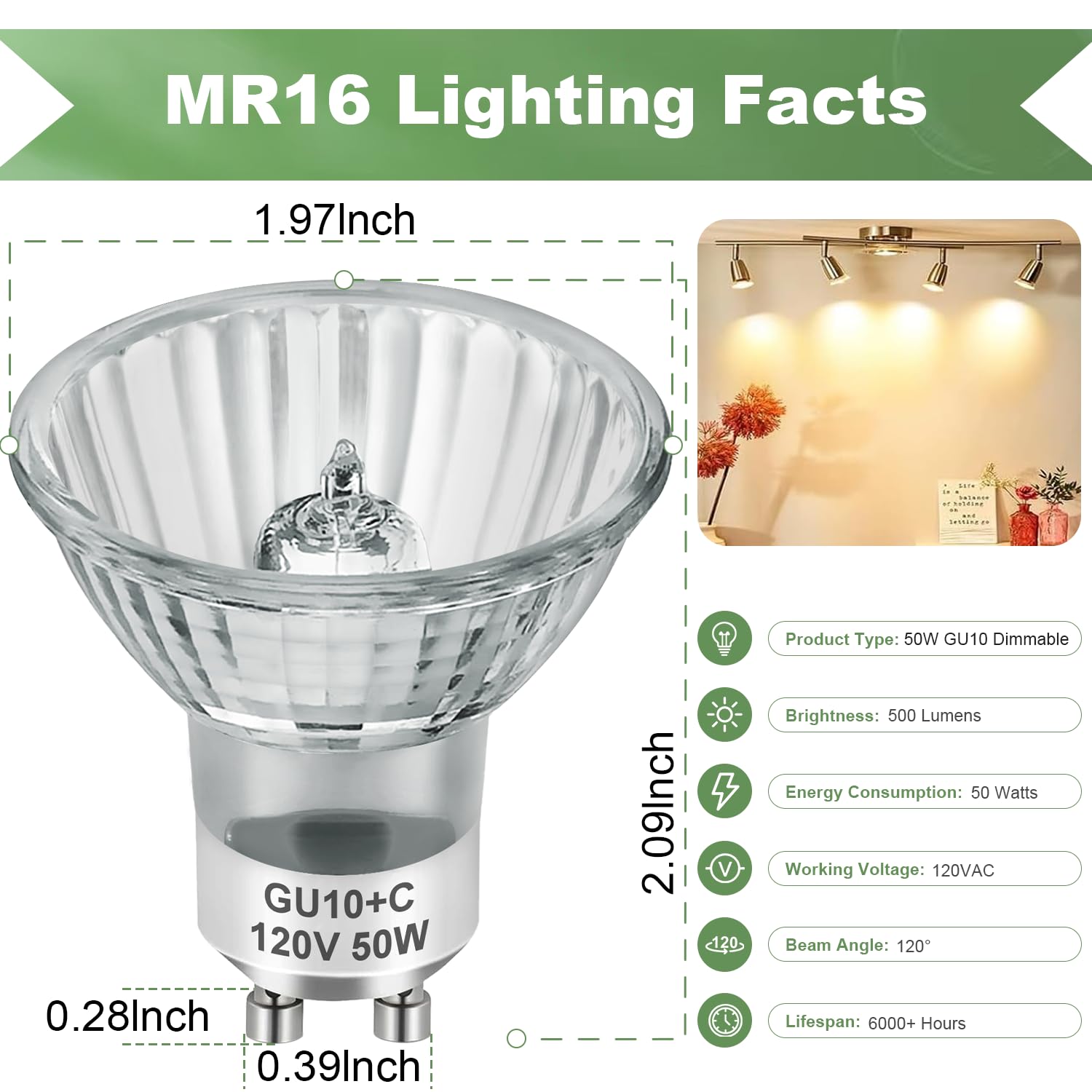 SerBion GU10 120V 50W Halogen Light Bulbs for Track and Range Hood, GU10+C Candle Warmer Lamp with Dimmable, 2700K Warm White, 6000+Hours Long-Lasting Pack of 6