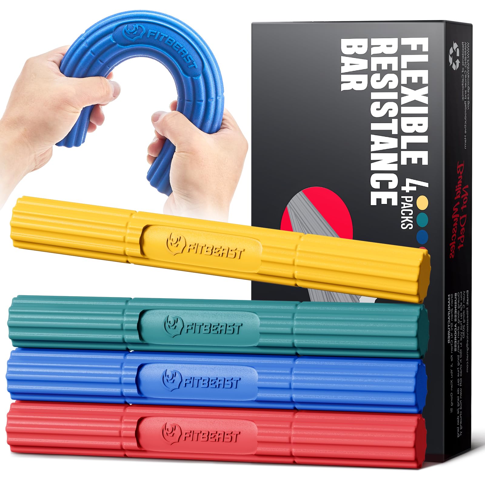 FitBeast Handtrainer-Stäbe für die Physiotherapie – lindert Sehnenentzündungsschmerzen und verbessert die Griffkraft, zur Verletzungsrehabilitation, für Unterarme (4-teiliges Set – Gelb Grün Blau Rot)