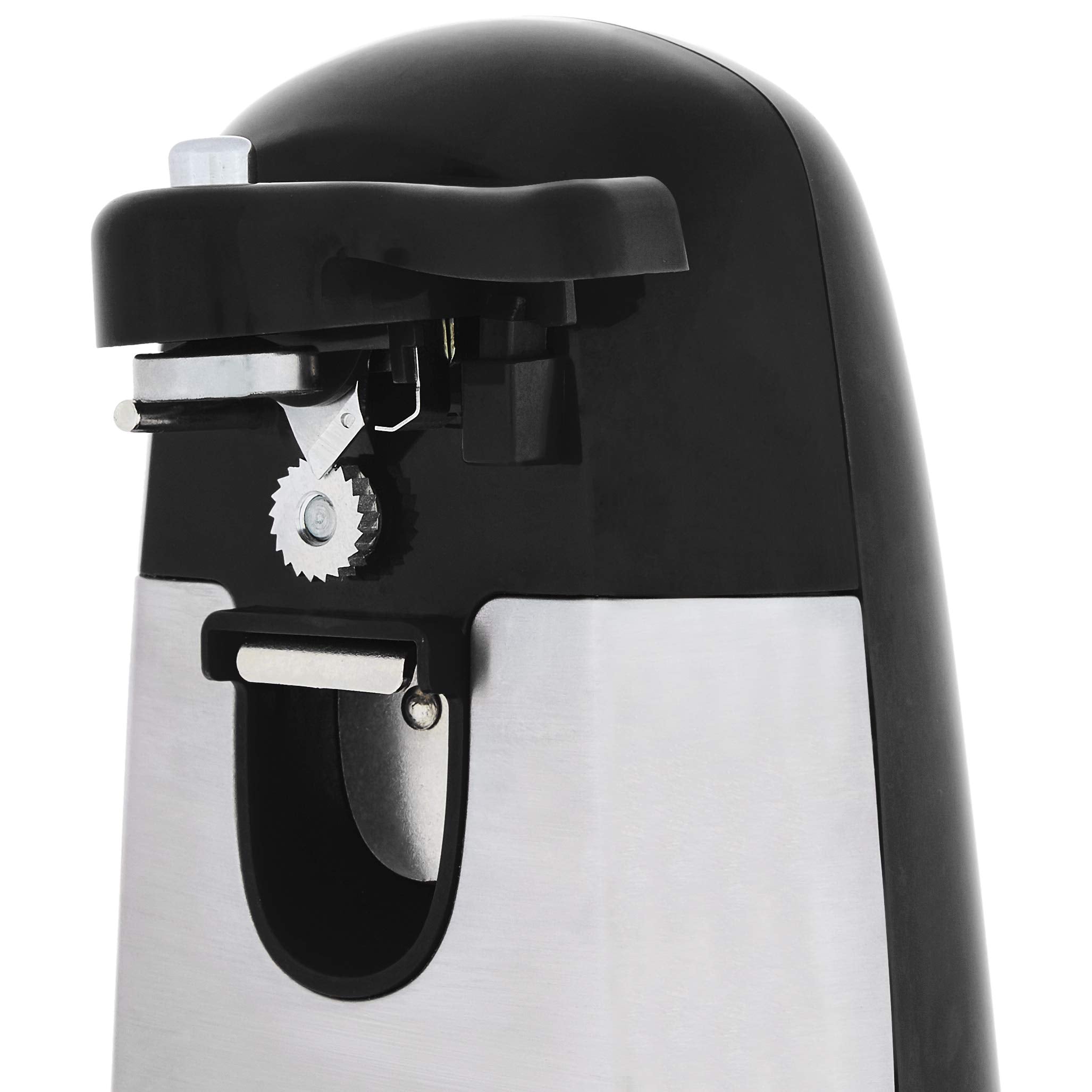 Amazon Basics 3-In-1 Electric Can Opener, Bottle Opener and Knife Sharpener, with Stainless Steel Blade, Magnetic Lid Holder, Automatic, Countertop, 50W, Black