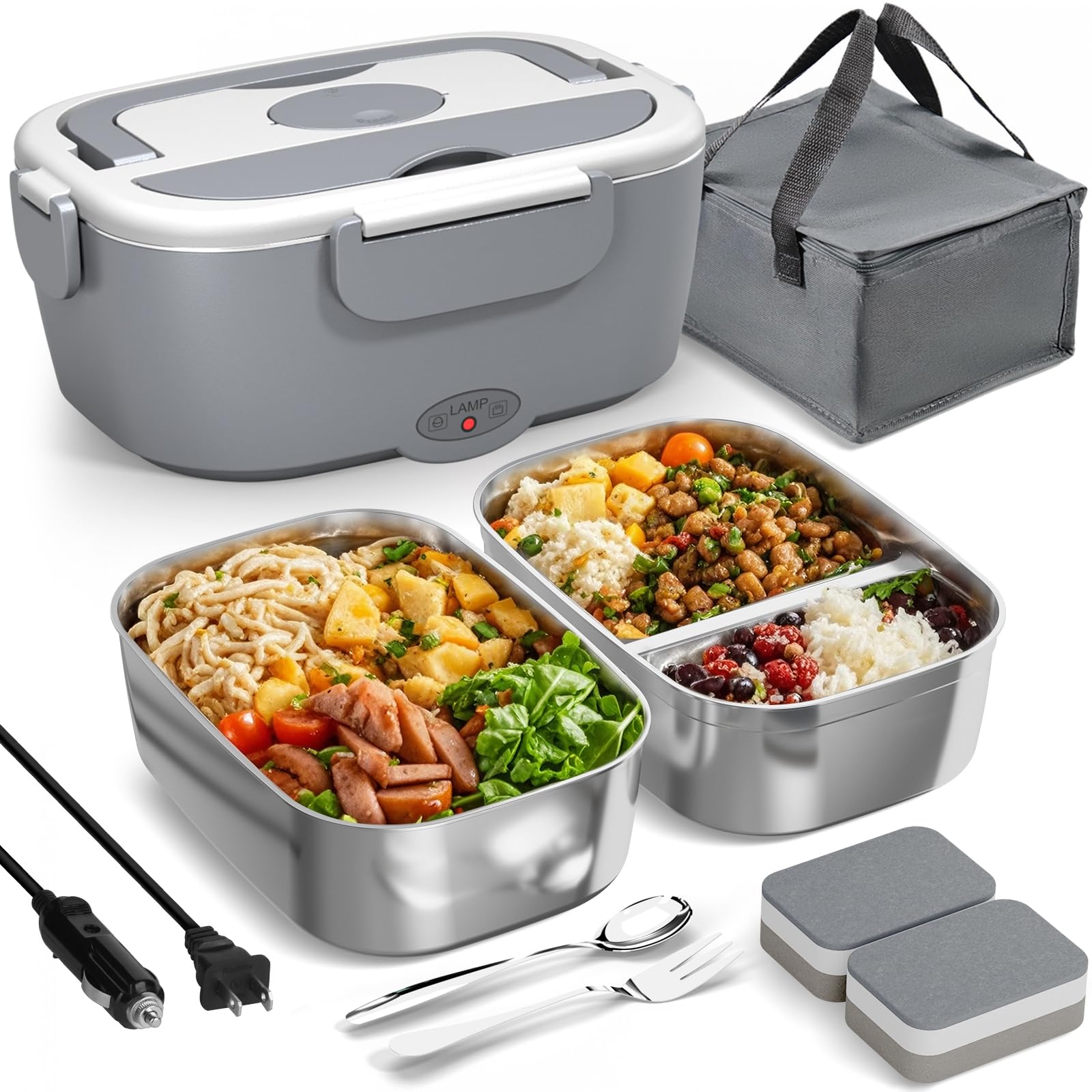 Elektrische Lunchbox für Erwachsene – 80W schnell beheizte Lunchbox für Herren & Damen mit zwei 1,5L Edelstahlbehältern, schnelles Aufheizen, tragbarer Speisenwärmer für Auto & LKW, lonchera electrica portatil