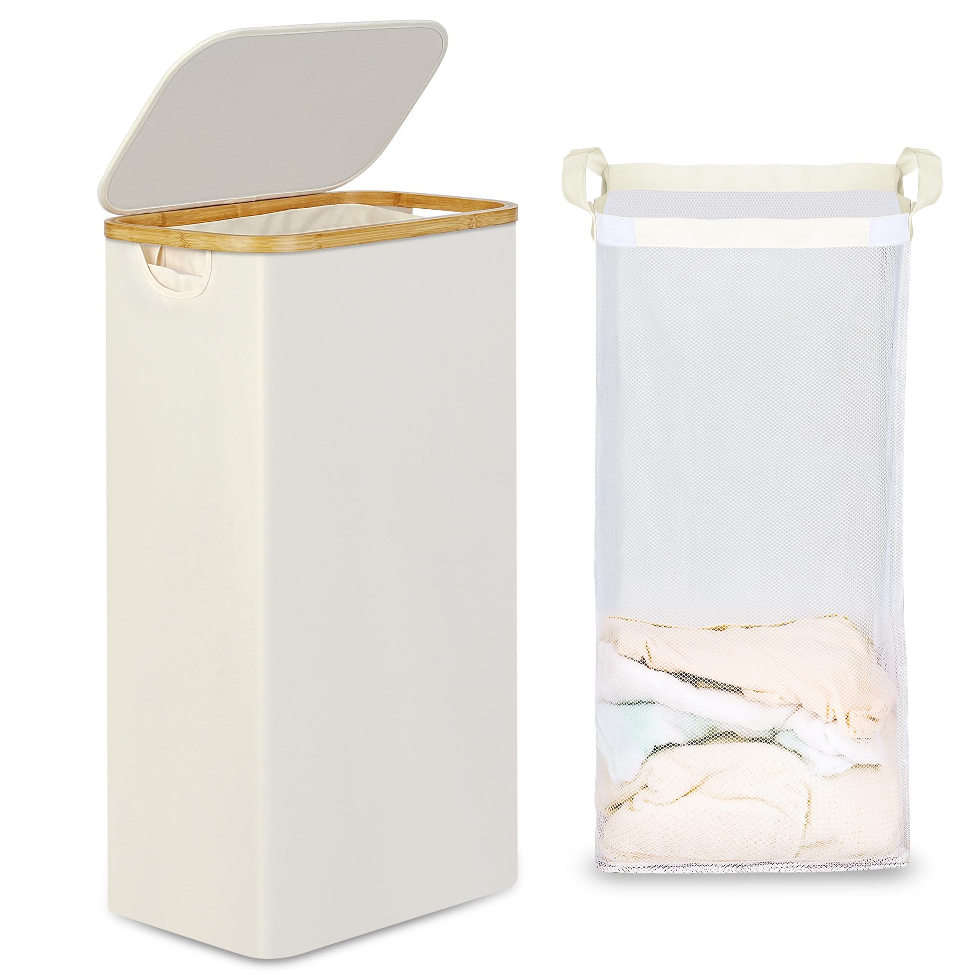 efluky Schmaler Wäschekorb mit Deckel, enger Wäschebehälter mit herausnehmbarem Beutel, schmaler Schmutzwäschekorb mit Bambusgriffen für Badezimmer, Schlafzimmer & Waschküche, 75L Beige