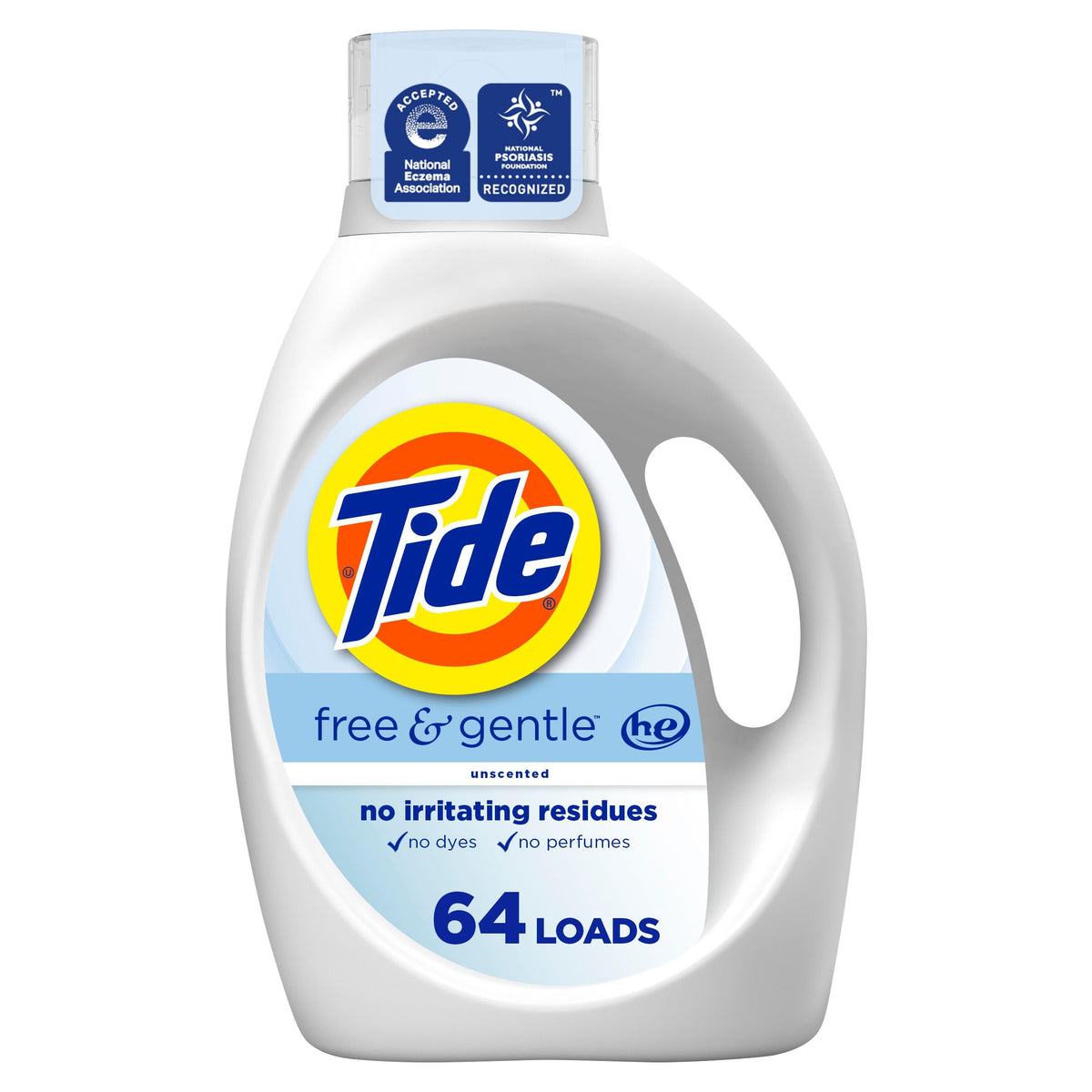 Tide Free & Gentle, Flüssiges Waschmittel, parfümfrei, hypoallergen für empfindliche Haut und frei von Farbstoffen, HE-kompatibel, 64 Waschladungen, 2,48 L