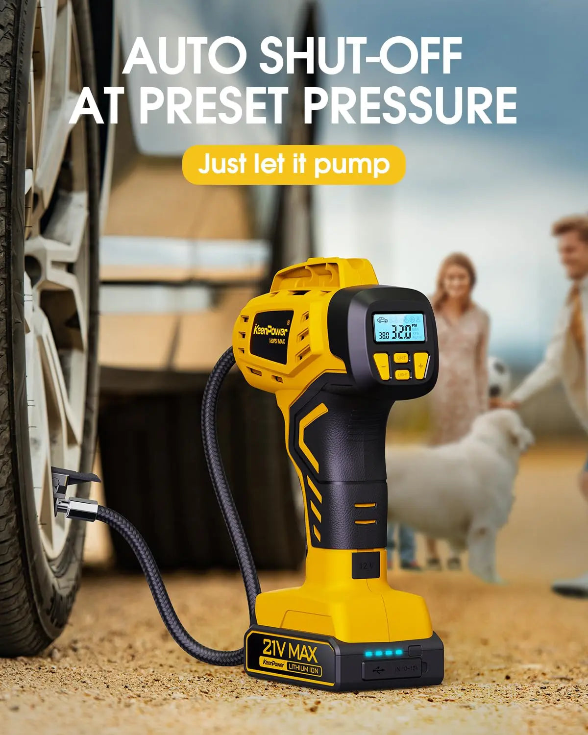 KeenPower Tire Inflator Portable Air Compressor - 2X Faster - 21V Rechargeable Battery Powered Handheld 160PSI Tire Inflator, Dual Power Supply Modes, Air Pump for Car Motorcycle E-Bike