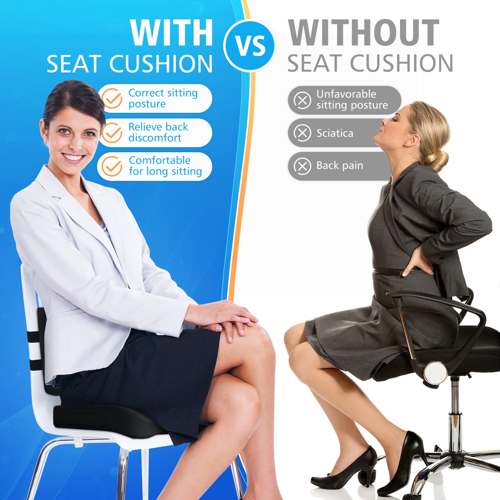 CushZone Seat Cushion, Lumbar Support Pillow with Adjustable Strap-Chair Cushions for Sciatica Pain Relief-with Washable Cover Memory Foam for Car, Travel and Wheelchair-Black