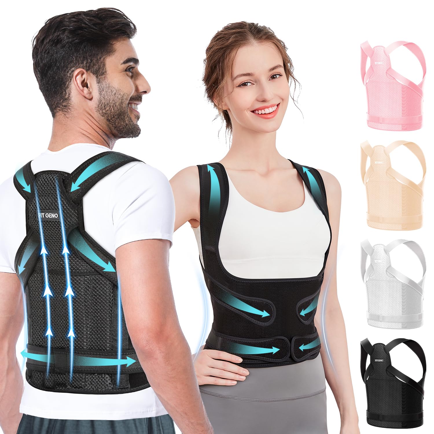 Fit Geno Rückenbandage Haltungskorrektur für Damen und Herren, Schulterbegradiger, verstellbare volle Rückenstütze, Schmerzlinderung bei oberen und unteren Rückenschmerzen – Skoliose, Rundrücken, Buckel, Brustkorre, Wirbelsäulenkorrektor