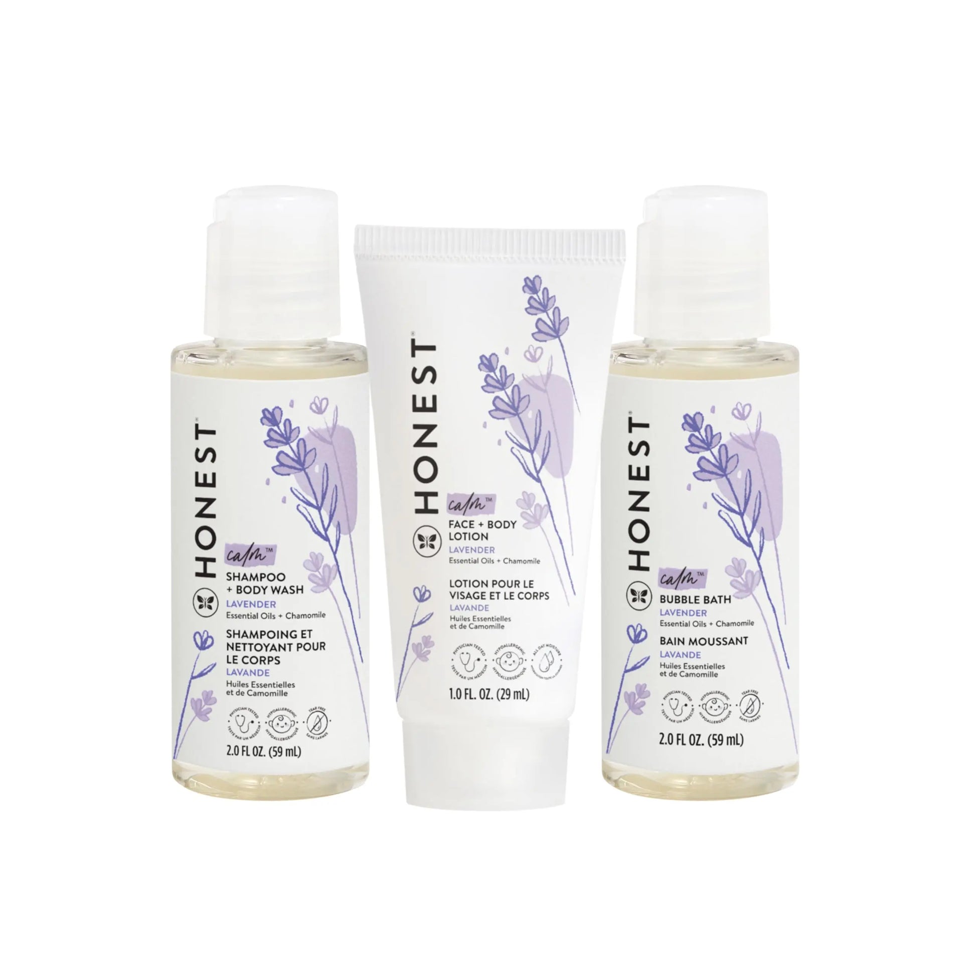 The Honest Company Babe's Mini Must Haves Gift Set | Travel Size Hypoallergenic Lavender Bathtime Essentials | Shampoo + Body Wash (2 fl oz), Face + Body Lotion (1 fl oz), Bubble Bath (2 fl oz)