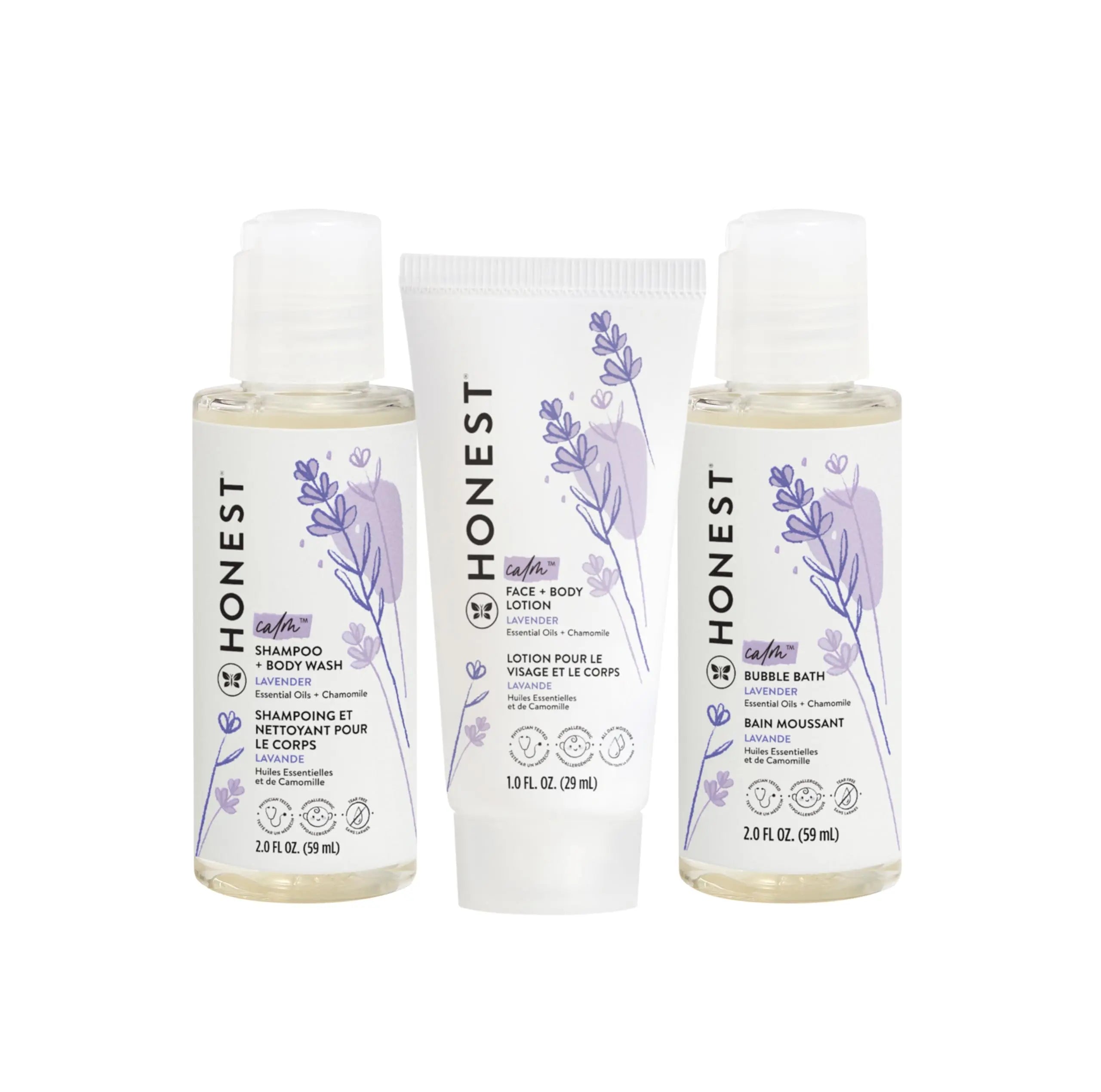The Honest Company Babe's Mini Must Haves Gift Set | Travel Size Hypoallergenic Lavender Bathtime Essentials | Shampoo + Body Wash (2 fl oz), Face + Body Lotion (1 fl oz), Bubble Bath (2 fl oz)