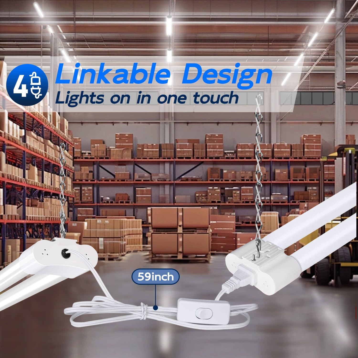 hykolity 4 Pack 4FT LED Shop Light Linkable, 4400lm, 42w(250w Equivalent), 5000K Utility Shop Lights, Hanging or Flush Mount, with Power Cord and On/Off Switch