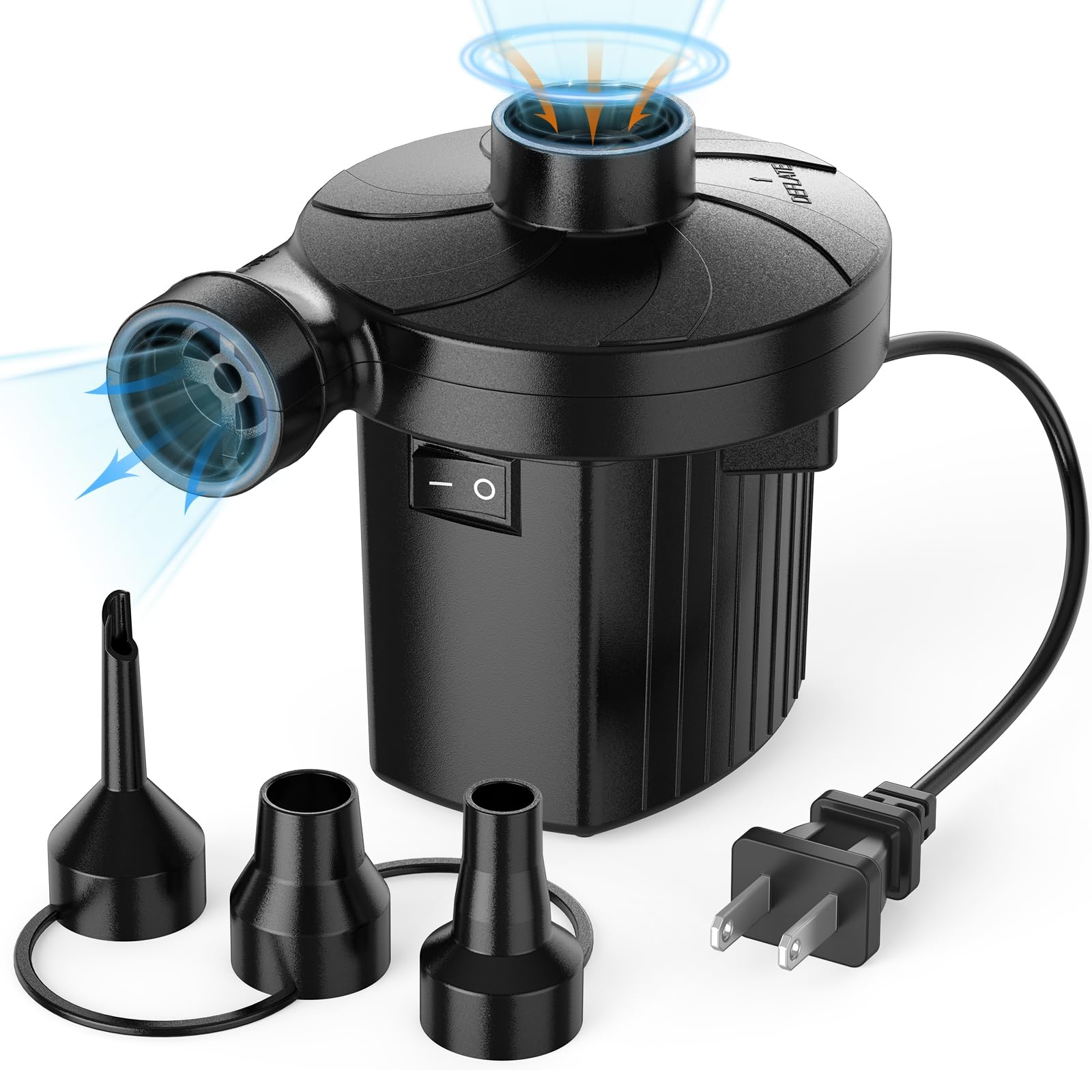Elektrische Luftpumpe für Schlauchboote, tragbare Schnellfüll-Luftpumpe mit 3 Düsen, 110-120 V, Aufblas- und Entleerungspumpe für Outdoor-Camping, Luftmatratzenbetten, Boote, aufblasbare Kissen, Sofas, Poolschwimmer
