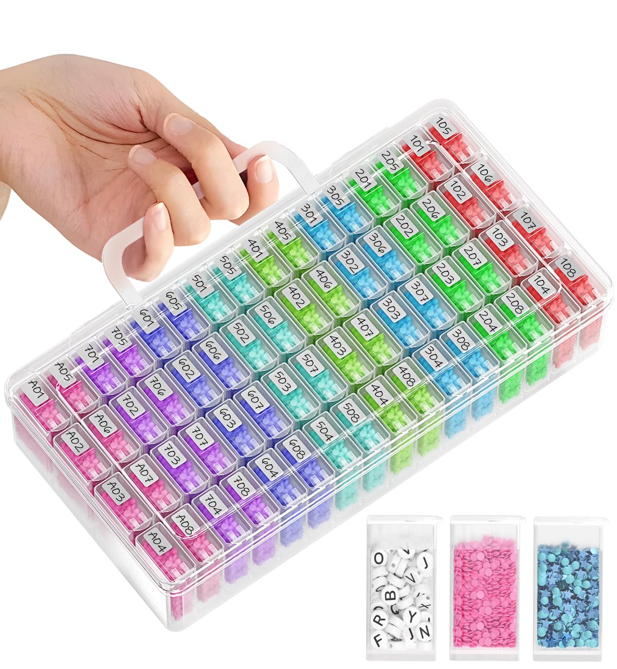 ARTDOT 64 Dosen Aufbewahrungsbehälter für Diamant-Malerei-Sets für Erwachsene, tragbarer Aufbewahrungsorganizer mit Aufkleberetiketten für Diamant-Malerei-Zubehör und Werkzeuge