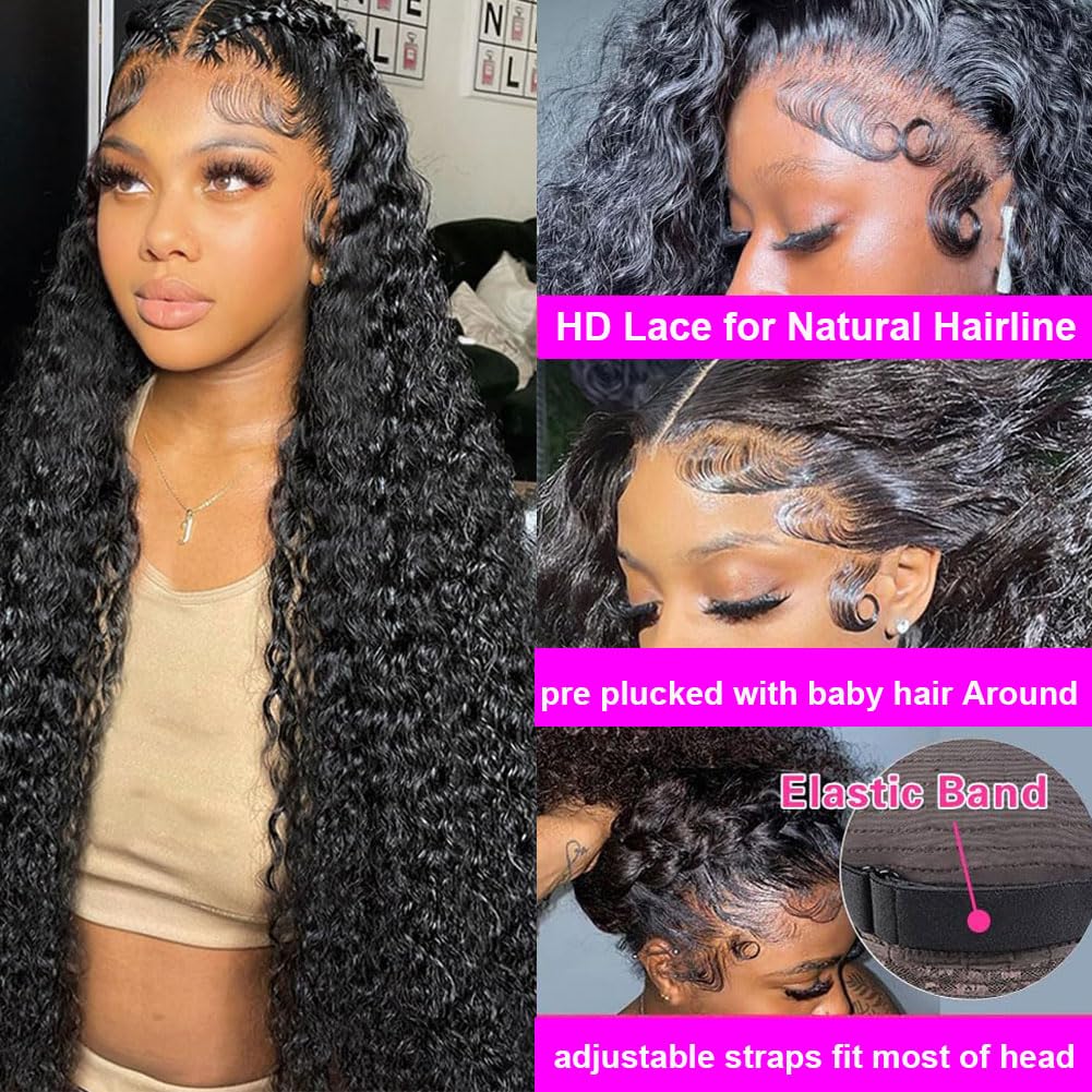 Rozilo Aomllute 30 Inch Deep Wave Lace Front Wigs Human Hair 200 Density 13x4 HD Lace Frontal Wigs Human Hair Pre Plucked Deep Curly Glueless Wigs Human Hair for Women Natural Black