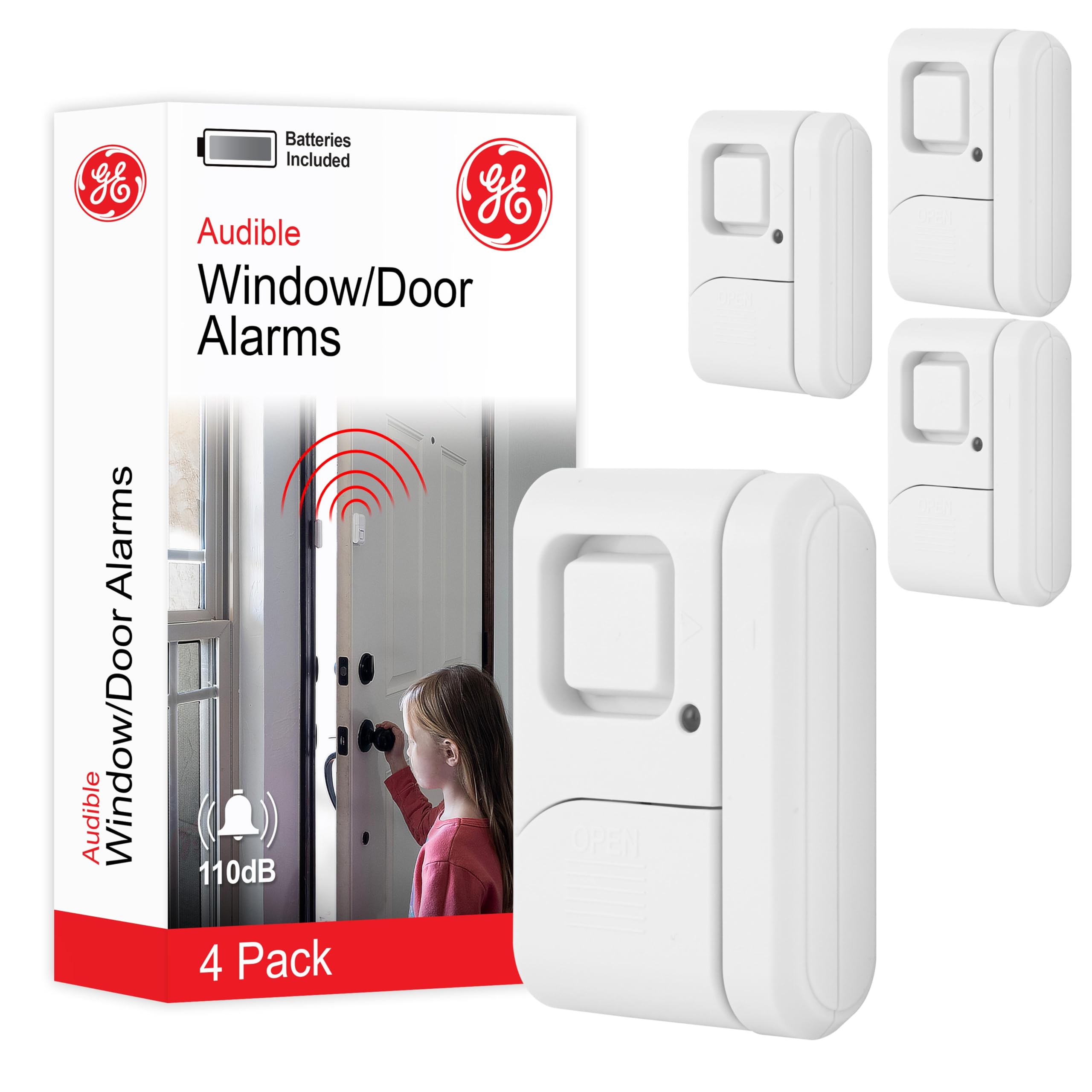 GE Personal Security Fenster- und Türalarm, 4 Stück, DIY-Schutz, Einbruchsalarm, kabellose Türklingel/Alarm, einfache Installation, Heimsicherheit, ideal für Haus, Garage, Wohnung und mehr, Weiß, 45174