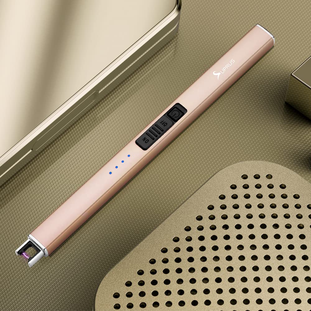 SUPRUS Electric Lighter Arc Windproof Flameless USB Rechargeable Lighter with Safety Lock for Candle BBQ Camping (Champagne Gold)